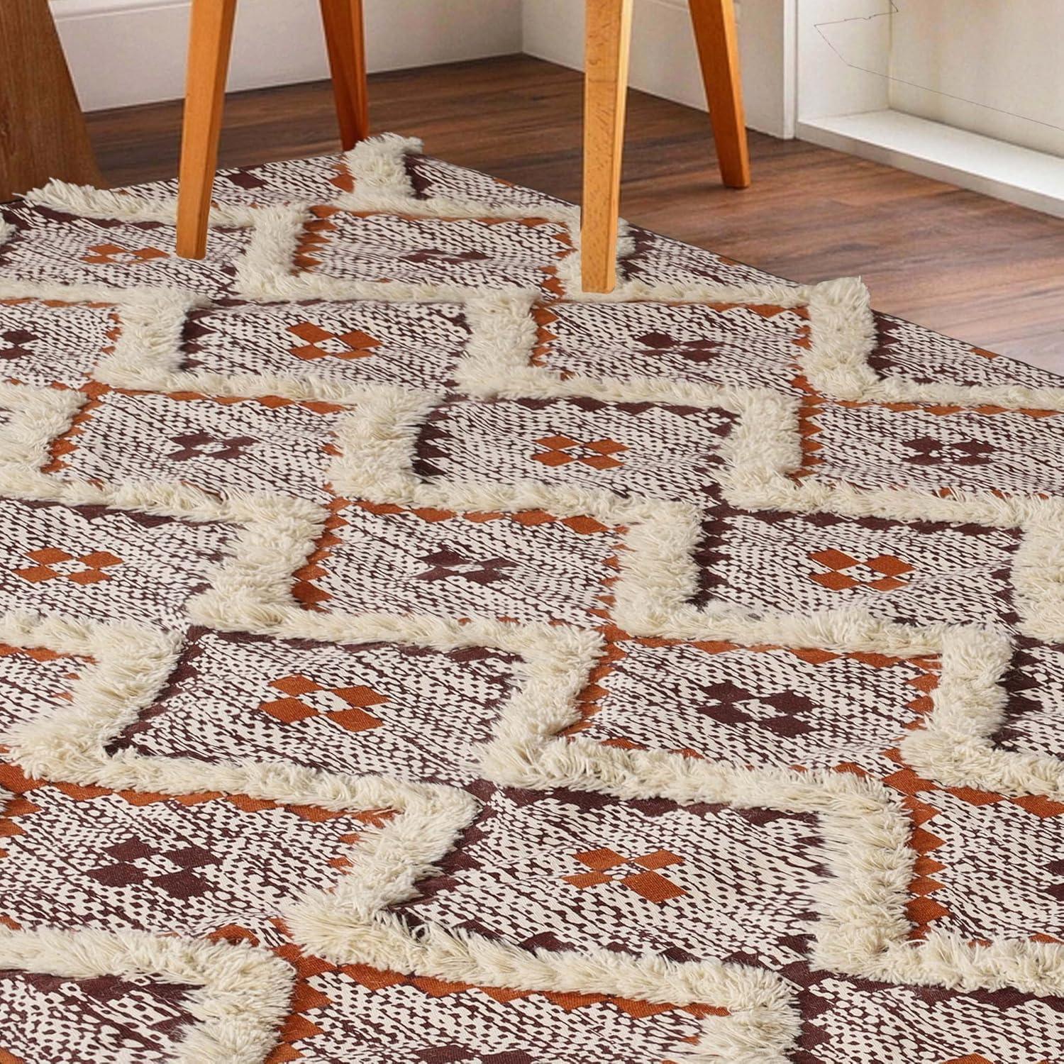 Superior Evren Hand-Tufted Cotton/Wool Textured Geometric Apricot/Brick Red Farmhouse Area Rug, 6' x 9'