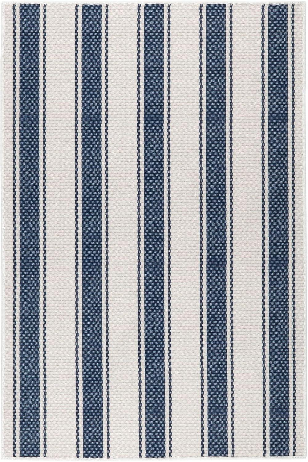 Blue Awning Stripe Machine Washable Rug