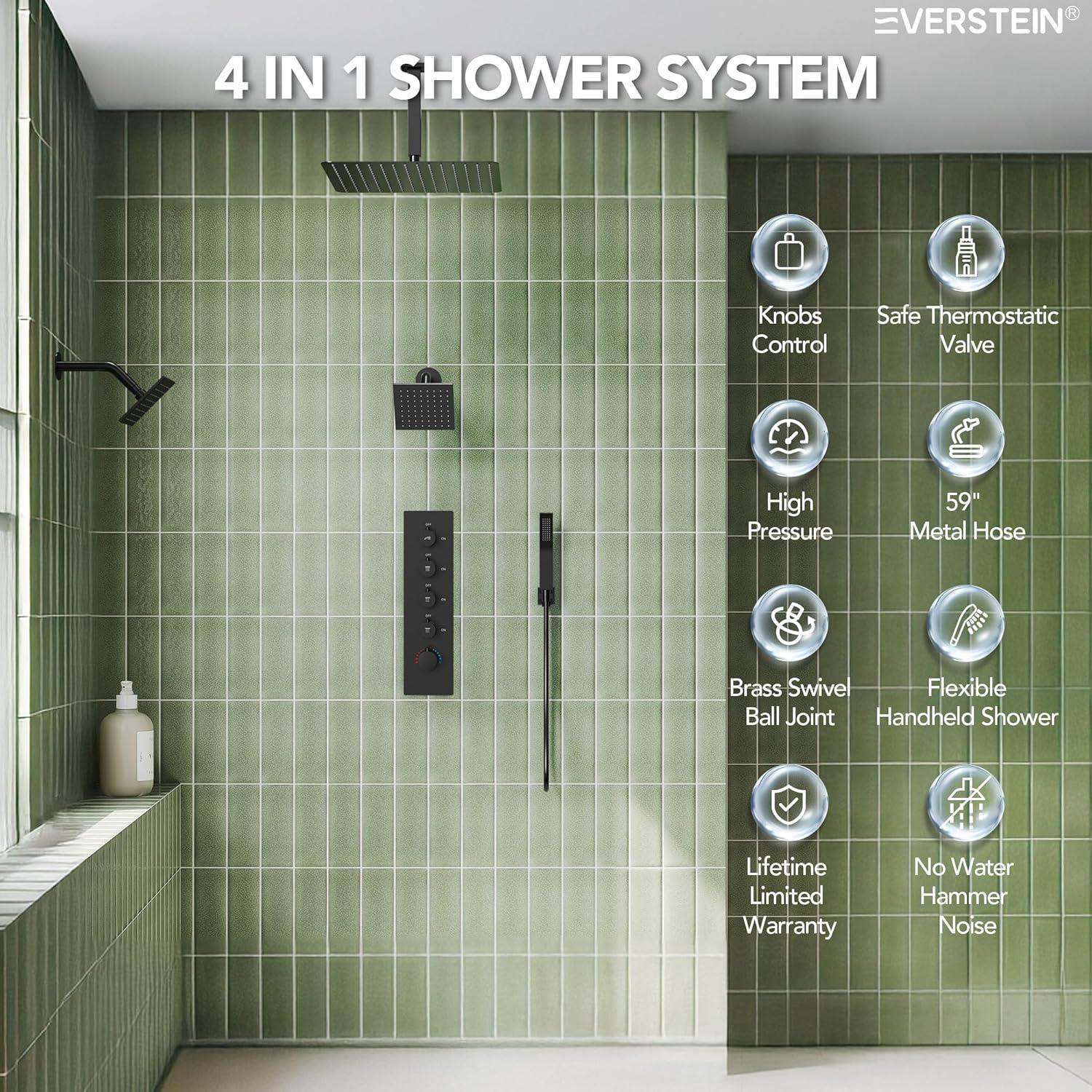 15-Spray Patterns 16" & 6" Triple Shower Heads, Shower FaucetSystem with Thermostatic Rough-in Valve
