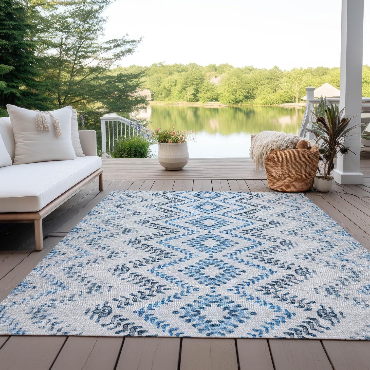 Blue and White Rectangular Washable Synthetic Area Rug