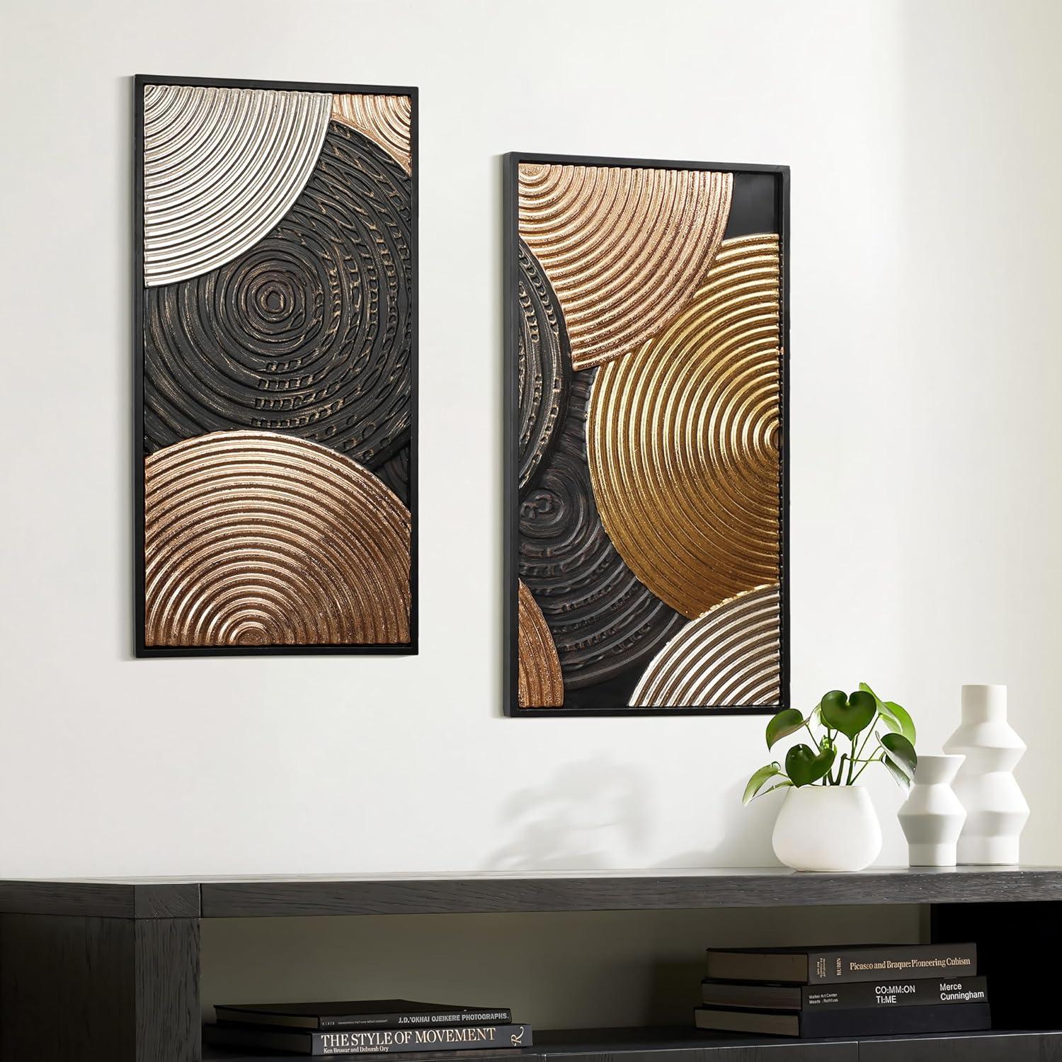 LuxenHome 2-Pc Earth Tone Circles Abstract Rectangular Metal Wall Decor Set Multicolored