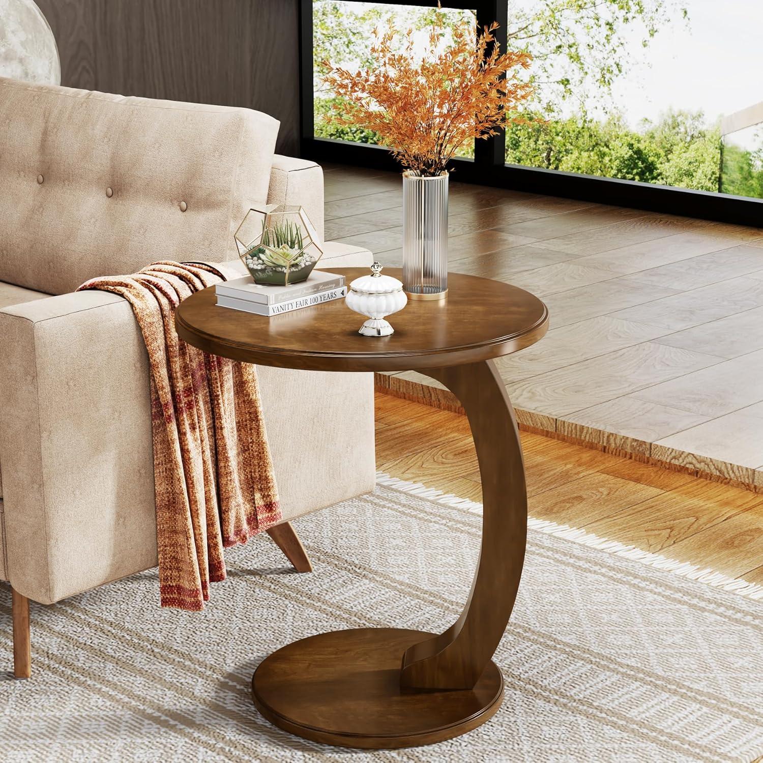 Hommoo C-Shaped End Table, Round Solid Wood Side Table for Living Room Brown