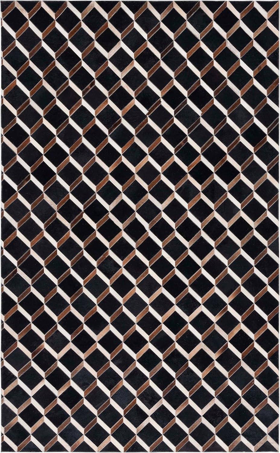 Contemporary Geometric Hand-Knotted Black and Brown Wool & Cowhide Rug - 3' x 5'