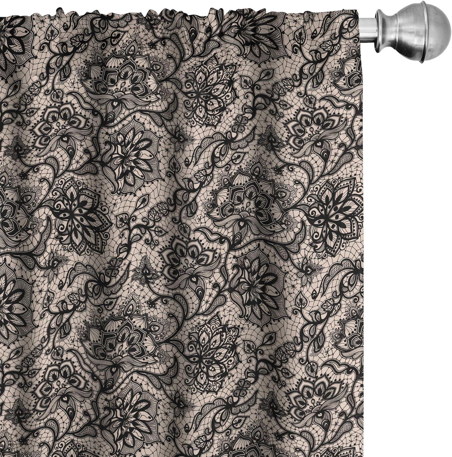 Ambesonne Ambesonne Gothic 2 Panel Curtain Set, Abstract Graphic Lace Pattern With Flowers Butterflies Old Fashioned Nature Inspired, Lightweight Window Treatment Living Room Bedroom Decor, 56" X 63", Tan Black (Set of 2)