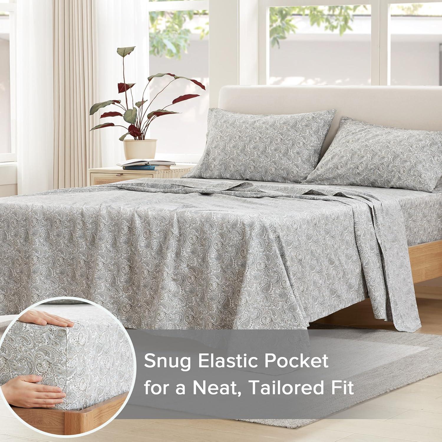 Comfort Spaces 100% Cotton King Sheet Set4-Pieces Gray Paisley Lightweight Breathable All Season Cozy Sheet Set