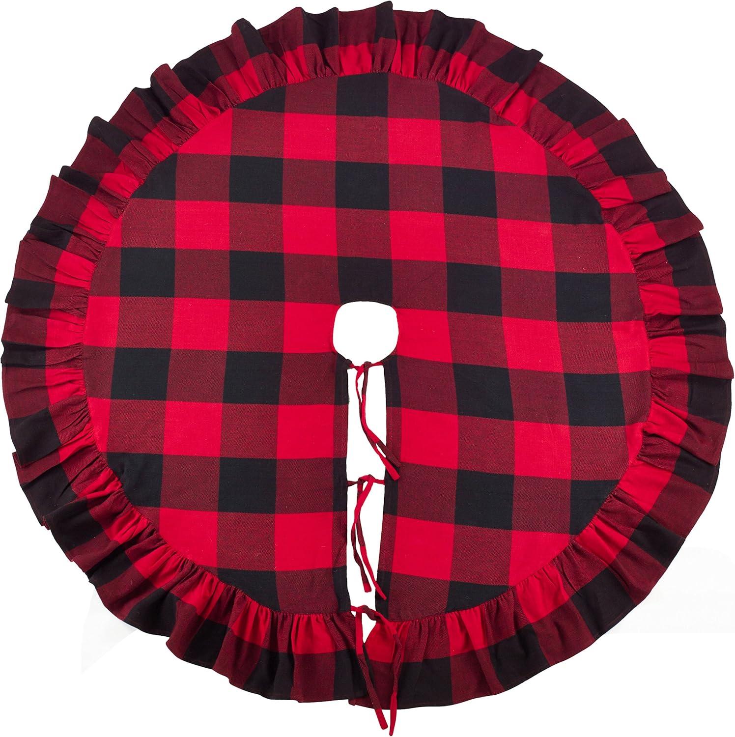 Saro Lifestyle Buffalo Plaid Ruffle Design Decorative Holiday Cotton Christmas Tree Skirt