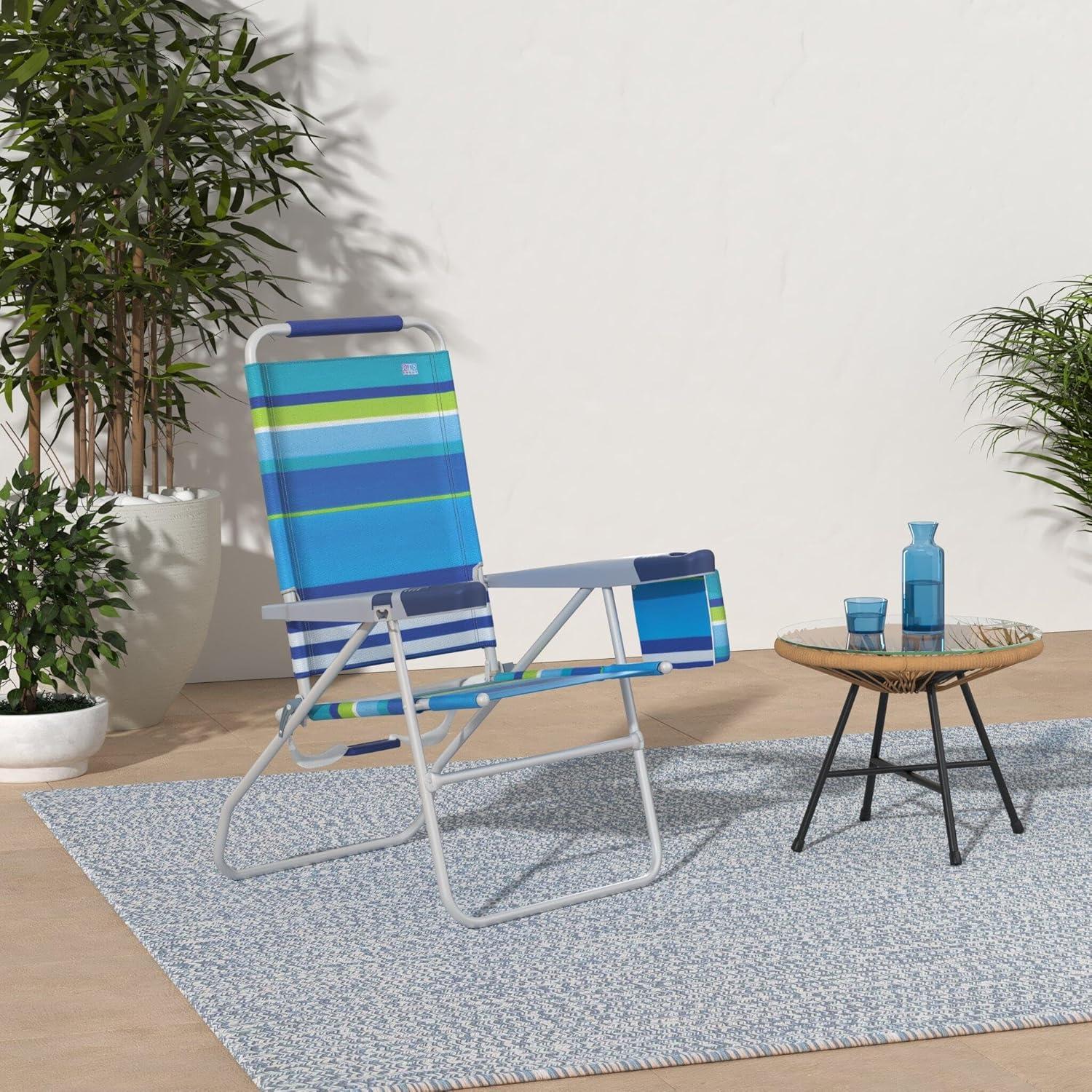 17" High Blue and Green Striped Foldable Beach Chair with Armrests