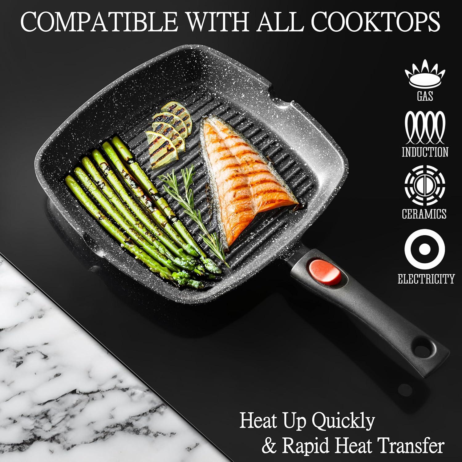 Moss & Stone Griddle Aluminum Nonstick Stove Top Square Grill Pan, Perfect for Meats Steak Fish & Vegetables,Dishwasher Safe