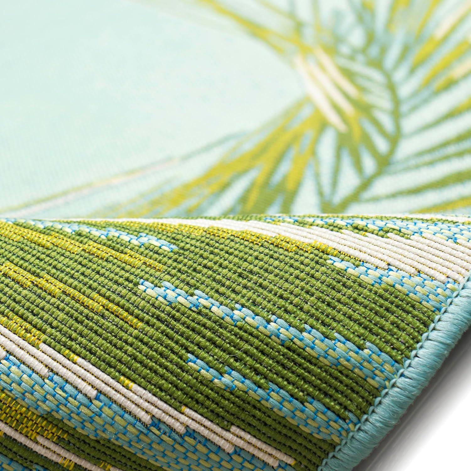 Aqua and Green Palm Leaf Indoor/Outdoor Rectangular Rug