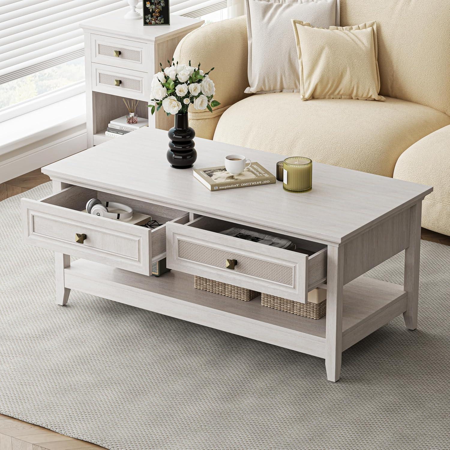 Royalcraft Farmhouse Coffee Table, Boho Tea Table with 2 Rattan Decor Drawers, Accent Center Sofa Table with Storage Shelf, 2 Tier Coffee Table for Bedroom, Living Room, Home Office, Grayish White
