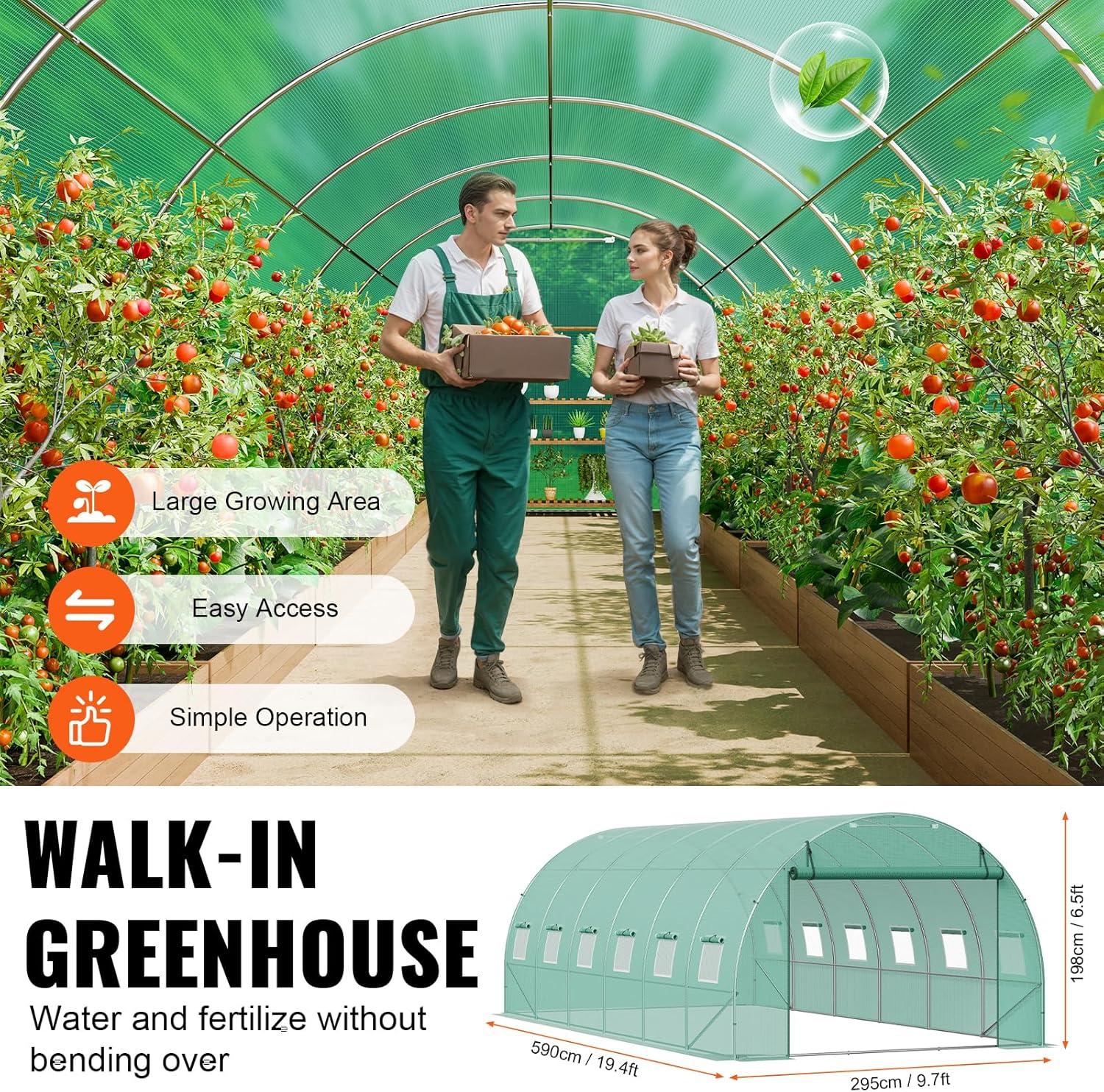 Large Green Walk-In Tunnel Greenhouse with Galvanized Steel Frame