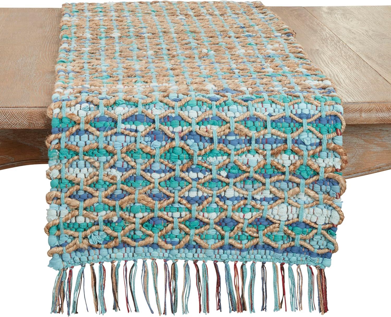 Handwoven Blue and Beige Chindi Table Runner, 16"x72"