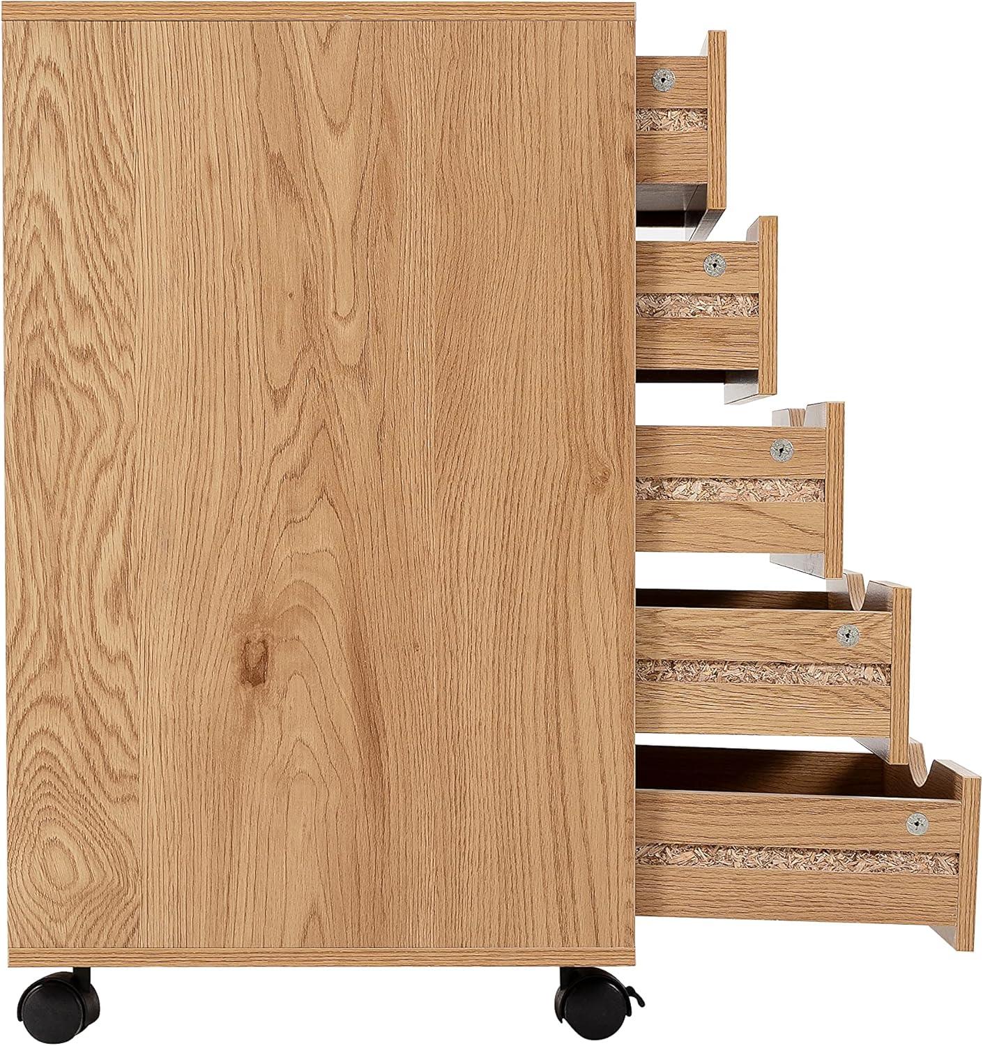 Natural MDF 5-Drawer Office Storage Cabinet with Casters