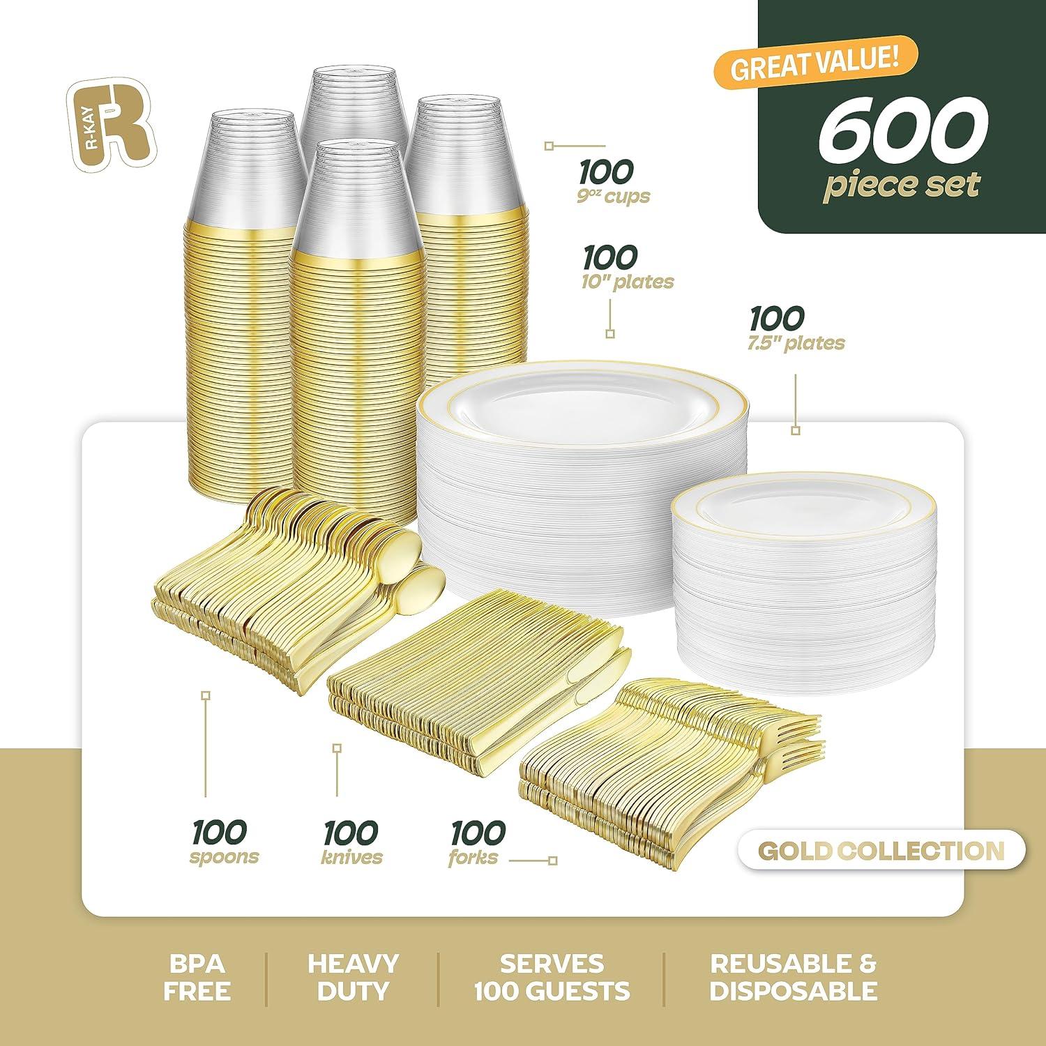 Gold Disposable Dinnerware Set for 100 Guests - 600PC BPA-Free Plastic Plates & Cutlery Kit with 100 Dinner Plates, Salad Plates, Forks, Knives, Spoons & Cups for Wedding, Party, Catering (Heavy-Duty)