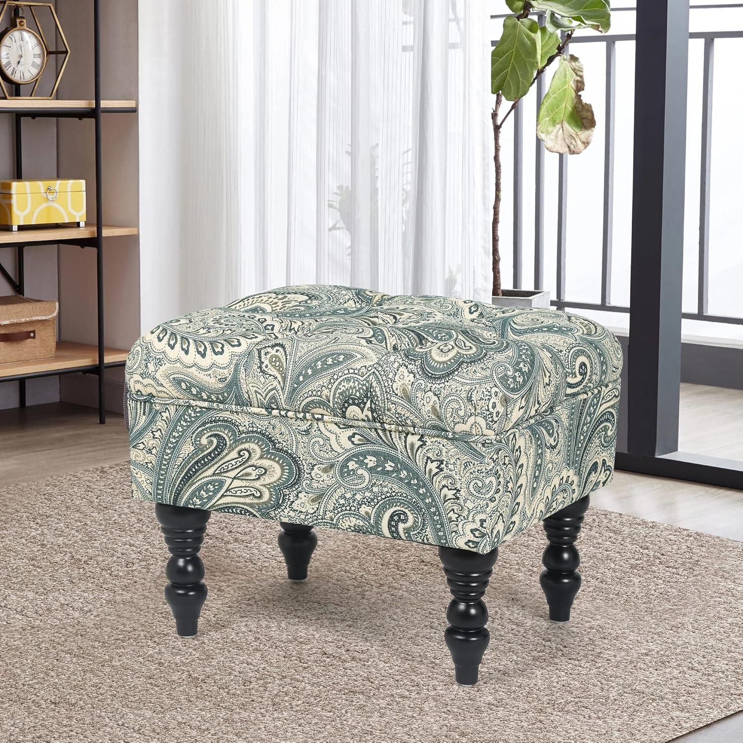 Paisley Patterned Blue and Beige Tufted Ottoman with Black Wood Legs