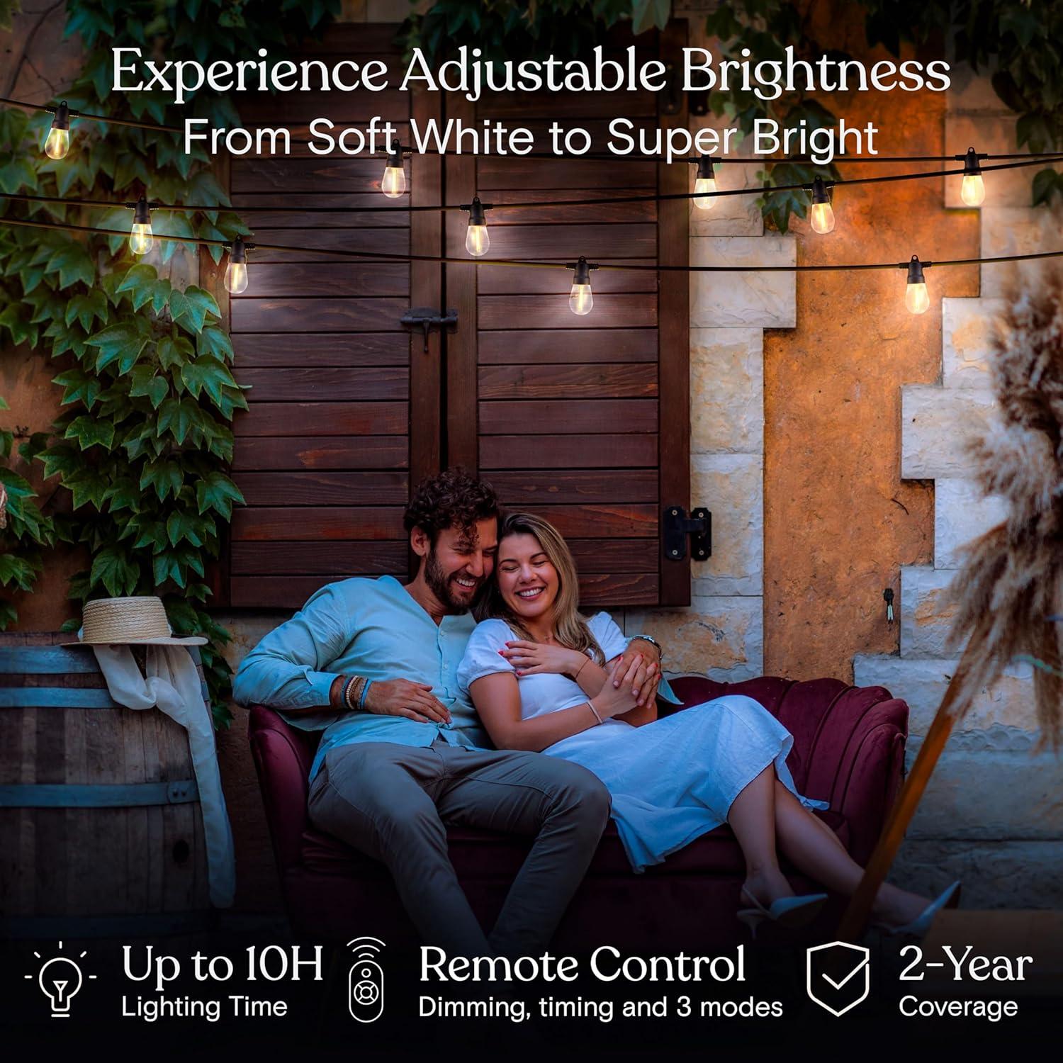 Brightech Ambience Pro Solar Powered Outdoor String Lights -27 ft Commercial Grade Waterproof Edison Patio Lights, Shatterproof LED String Lights for Outside, Porch - 12 Bulbs, 1W Soft White
