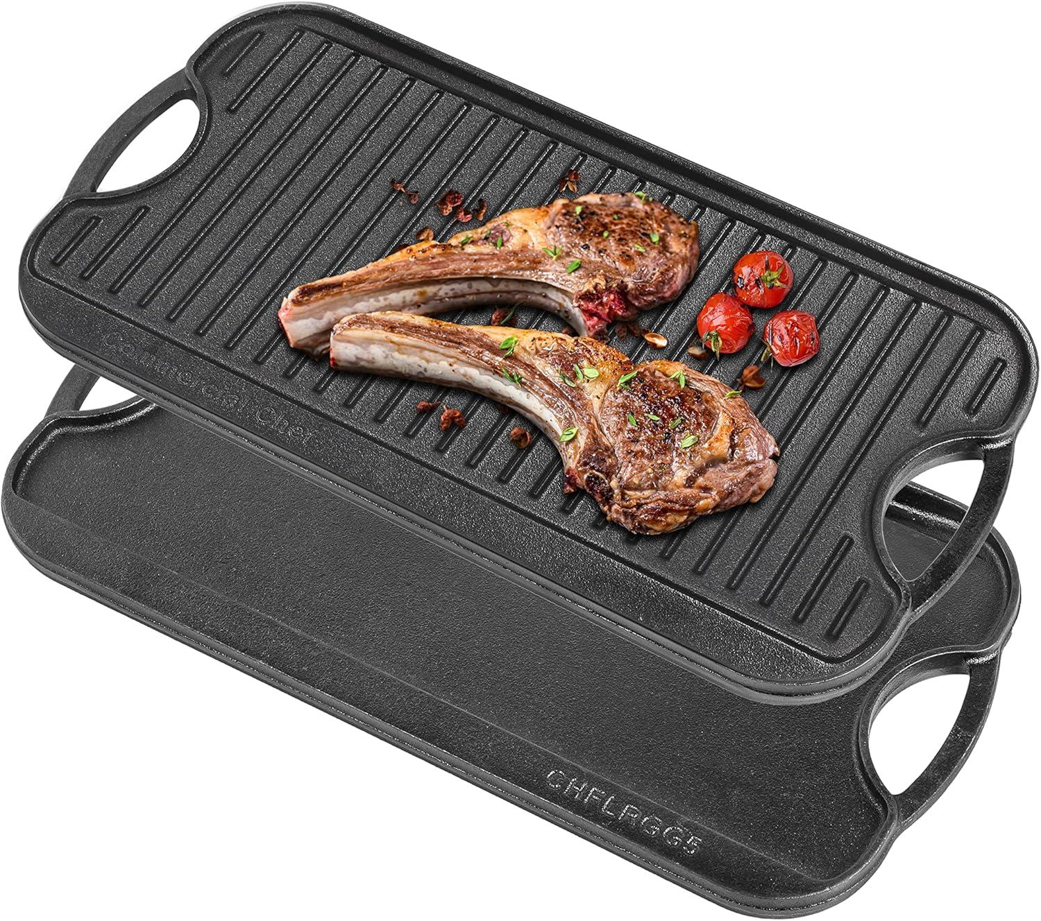 Commercial Chef Black Cast Iron Reversible Grill Griddle with Handles