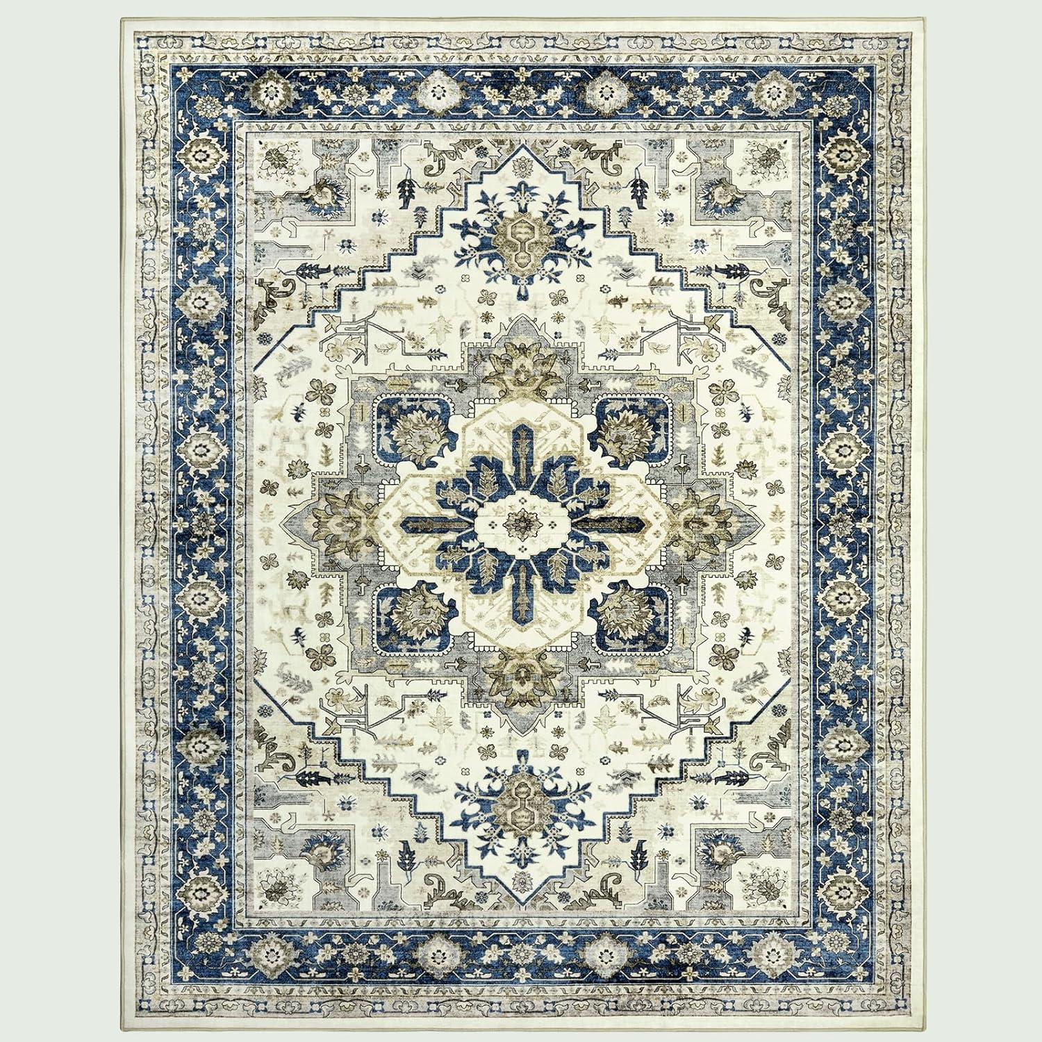 WhizMax 8' x 10' Area Rug for Living Room Bedroom Boho Oriental Rug Distressed Soft Foldable Rug Non Slip Throw Carpet for Dining Room Home Office, Blue