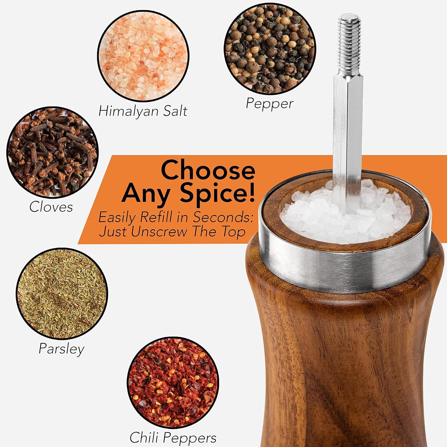 Wooden Salt and Pepper Grinder Set: Refillable Mills for Customized Coarseness - Ergonomic Design - Solid Acacia Wood - Stainless Steel Core - Perfect for Sea Salt and Peppercorns