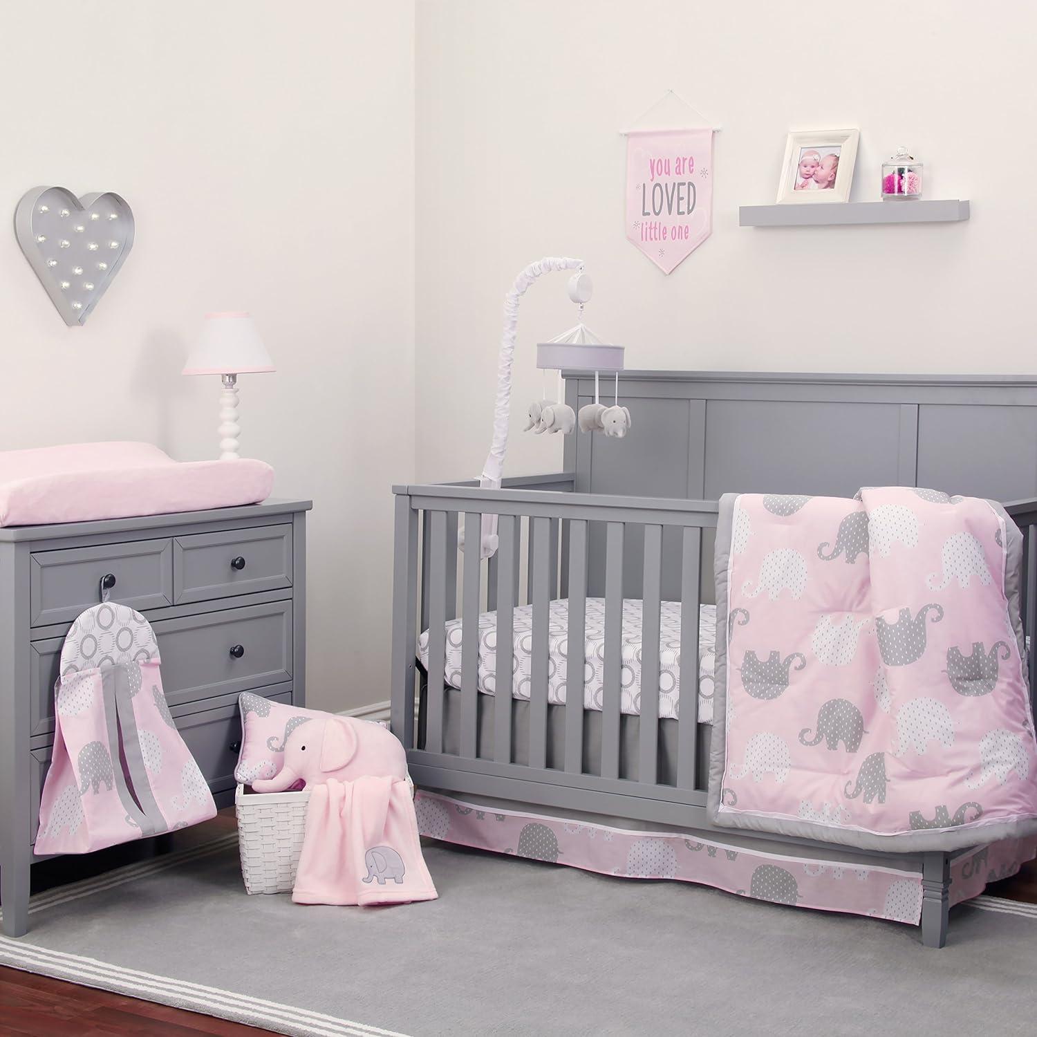 NoJo The Dreamer Pink and Grey Elephant 8 Piece Nursery Crib Bedding Set
