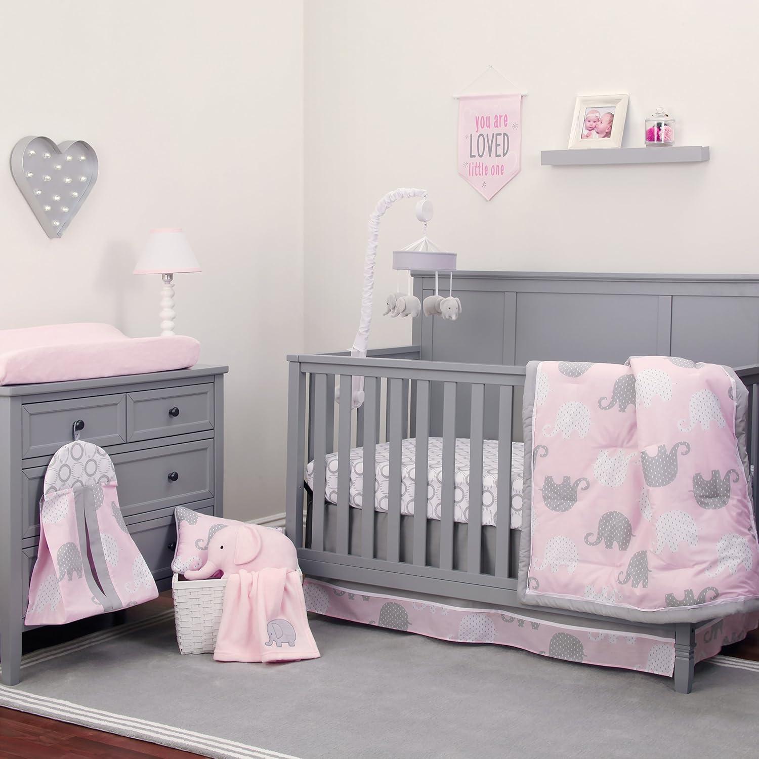NoJo The Dreamer Pink and Grey Elephant 8 Piece Nursery Crib Bedding Set