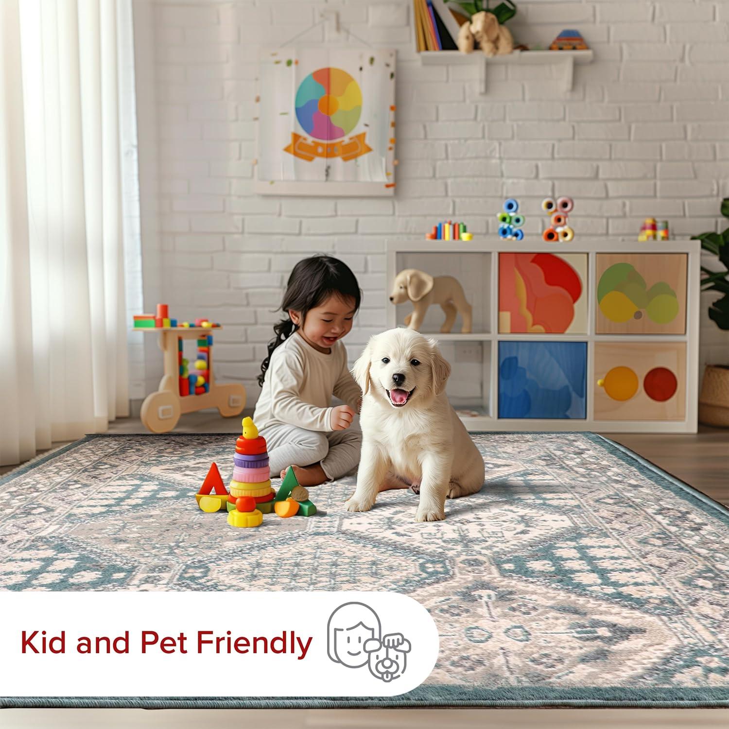 Nuloom 4x6 Becca  Tiled Indoor Area Rug, Blue, Faded Transitional Design, Stain Resistant, BedroomLiving Room, Kitchen,