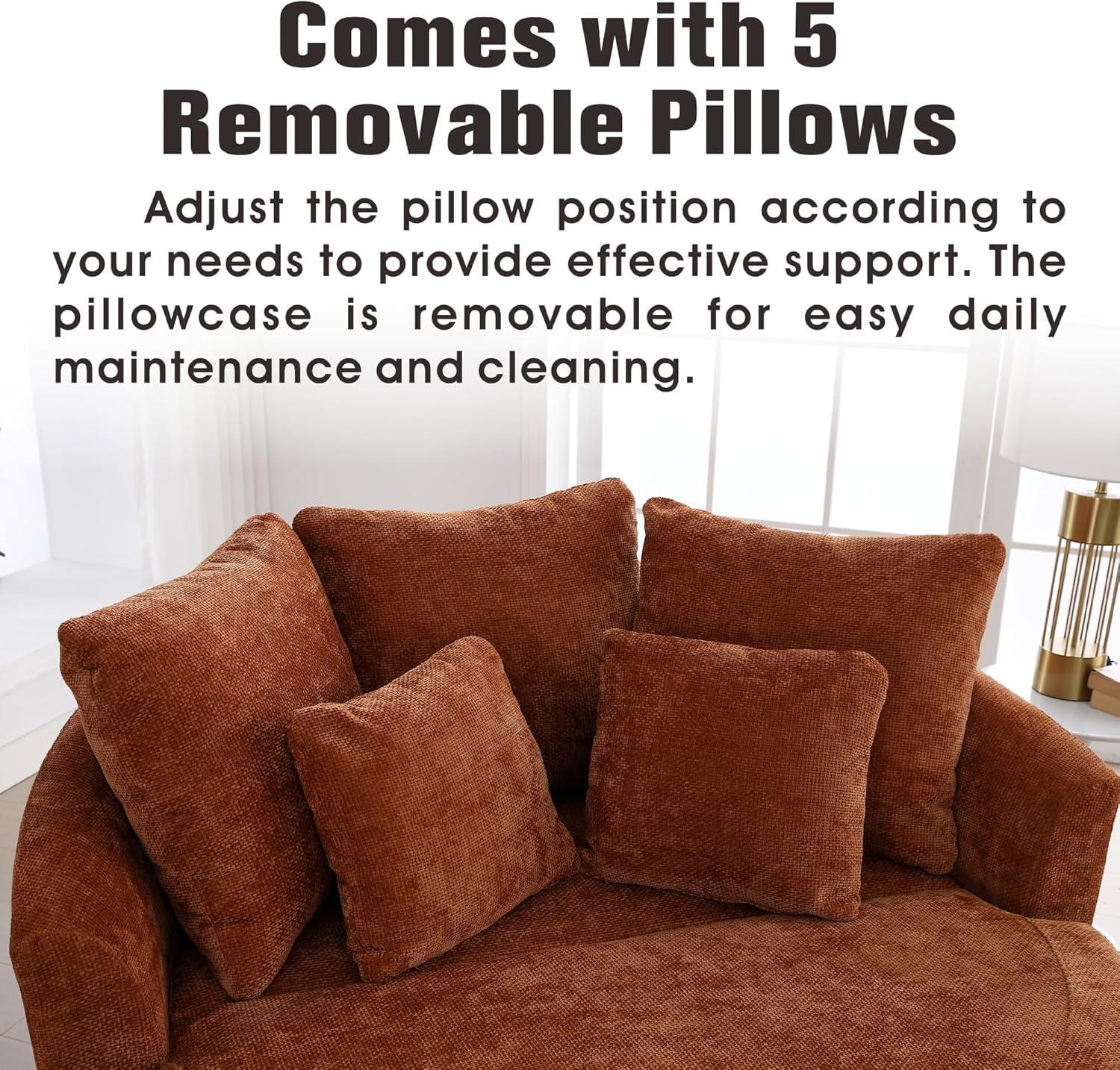 Sinzho & Wiyfun 59.8" W Upholstered Oversized Round Barrel Chair Extra Large Accent Chair with Half Moon Storage Ottoman & Wheels & 5 Pillows for Living Room, Knitted Chenille Fabric, Burnt Orange