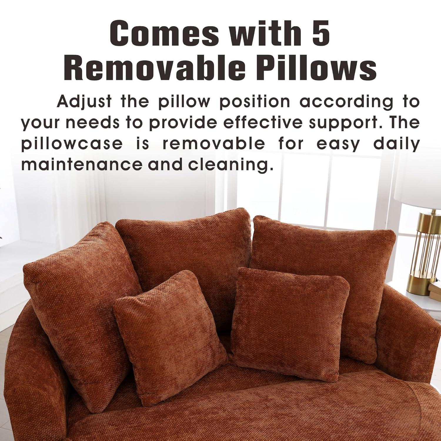 Sinzho & Wiyfun 59.8" W Upholstered Oversized Round Barrel Chair Extra Large Accent Chair with Half Moon Storage Ottoman & Wheels & 5 Pillows for Living Room, Knitted Chenille Fabric, Burnt Orange