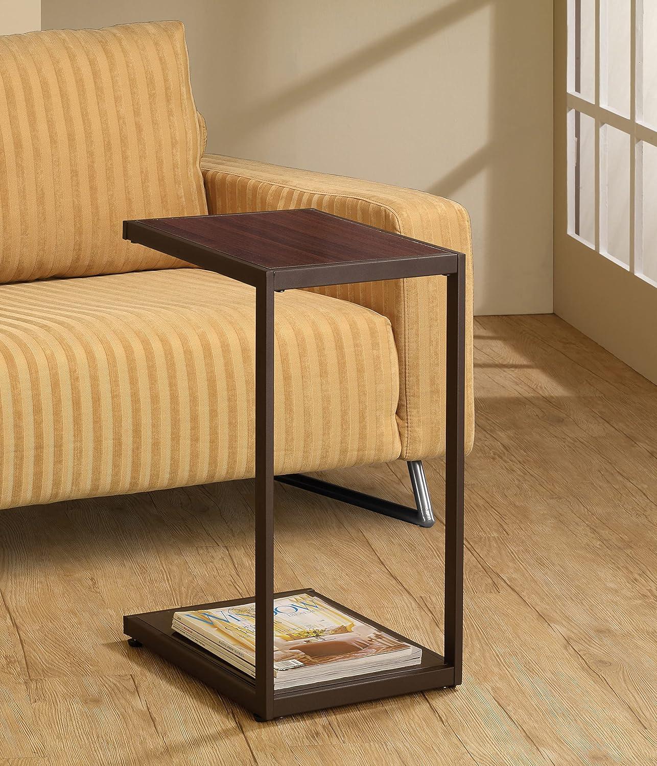 Contemporary Brown Faux Wood and Metal Snack Table with Shelf