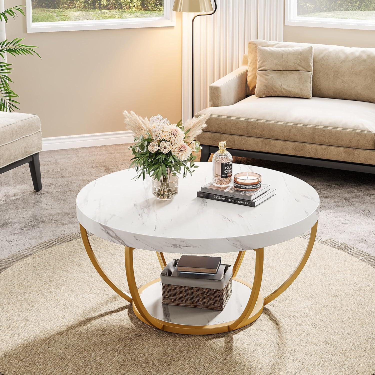 Kepooman Wooden Coffee Table, 2-Tier Round Central Cocktail Table with Shelves,White