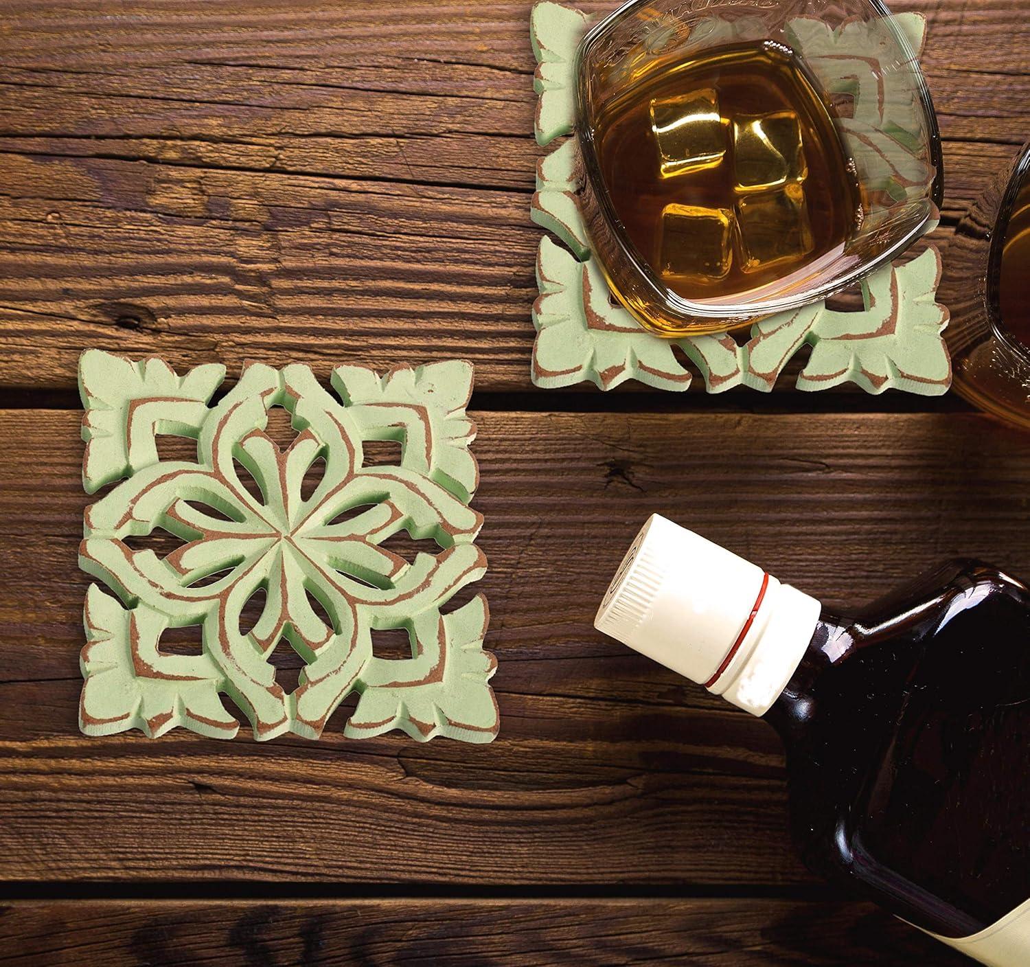 Square Sage Green Carved Wood Coaster Set