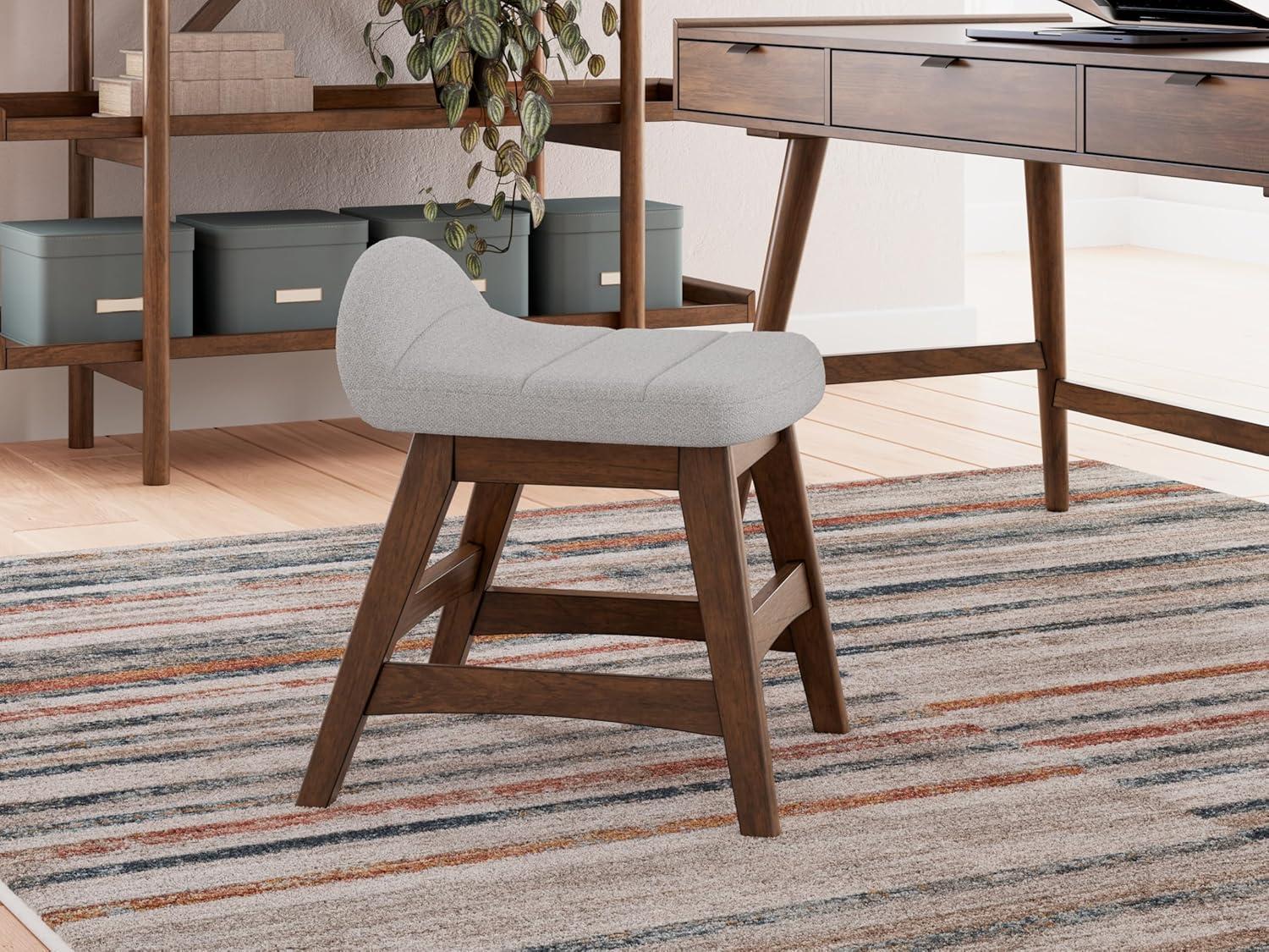 Light Gray and Brown Upholstered Backless Task Chair with Wood Frame