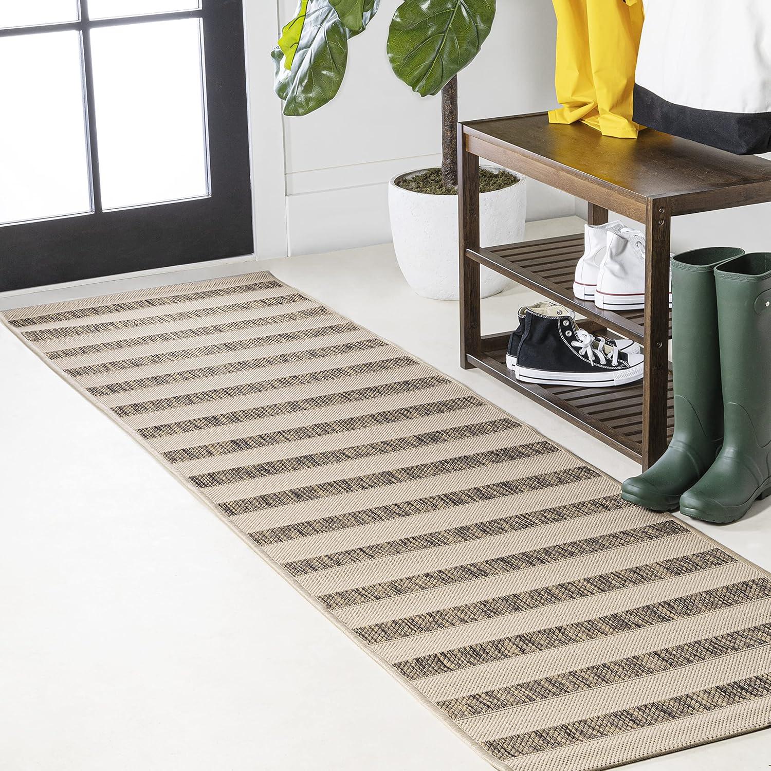 2'x8' Aveiro Wide Stripe Indoor/Outdoor Runner Rug, Beige/Brown - JONATHAN Y