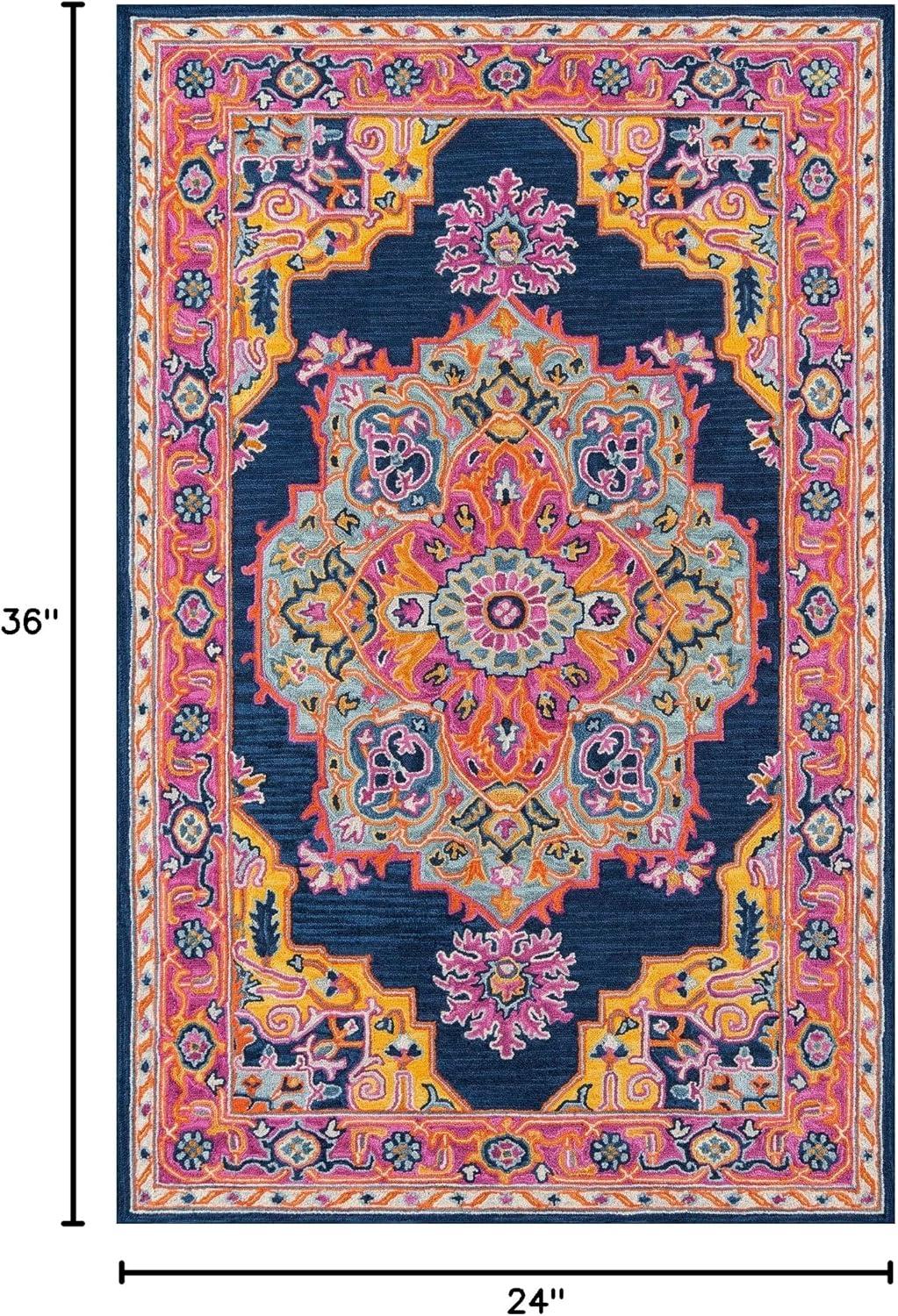 Momeni  Ibiza Hand-tufted Traditional Medallion Wool Area Rug Navy 2' x 3' 2' x 3' Accent, Indoor Pink