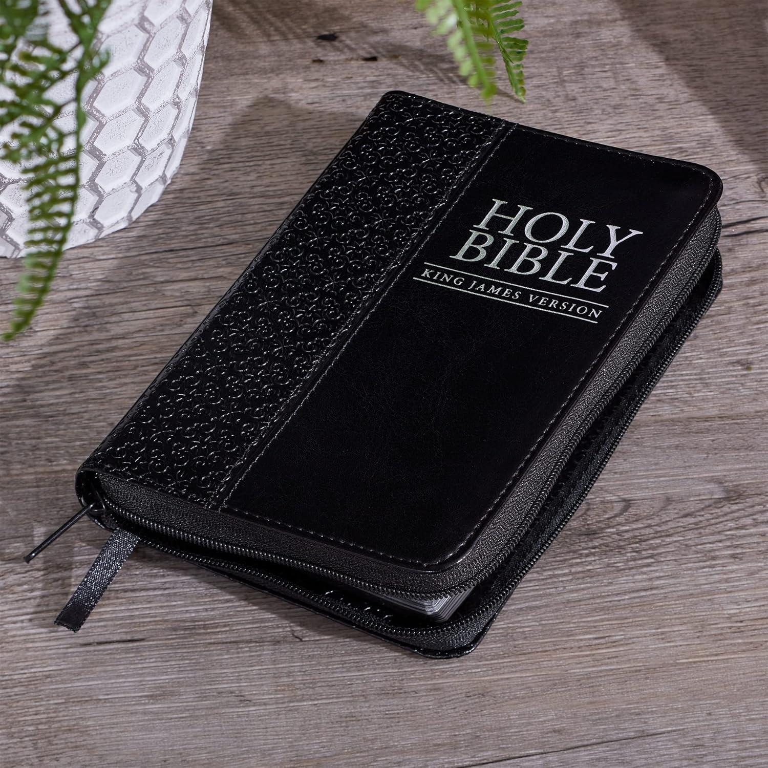 KJV Holy Bible, Mini Pocket Size, Faux Leather w/Ribbon, King James Version, Black, Zipper Closure, 6.2" x 4.3"