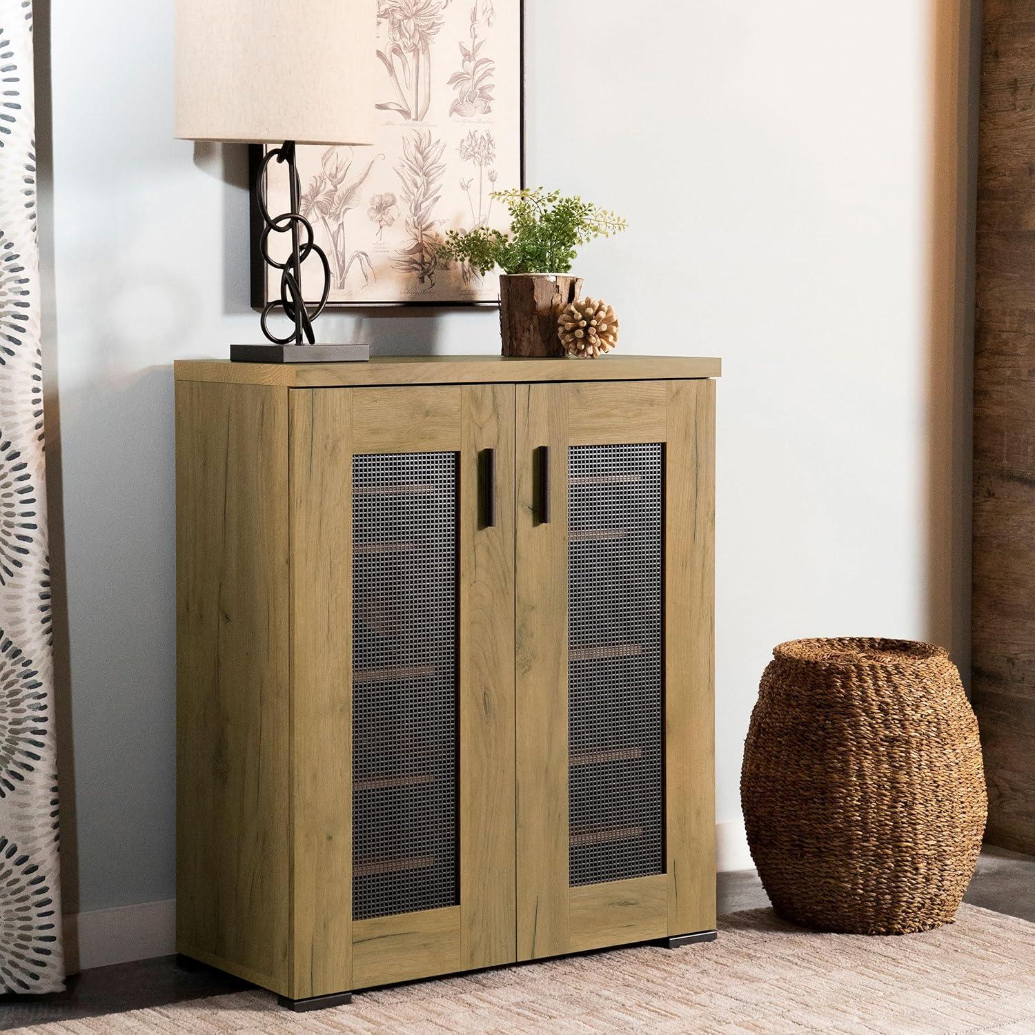Golden Oak and Gunmetal Mesh Door Accent Cabinet