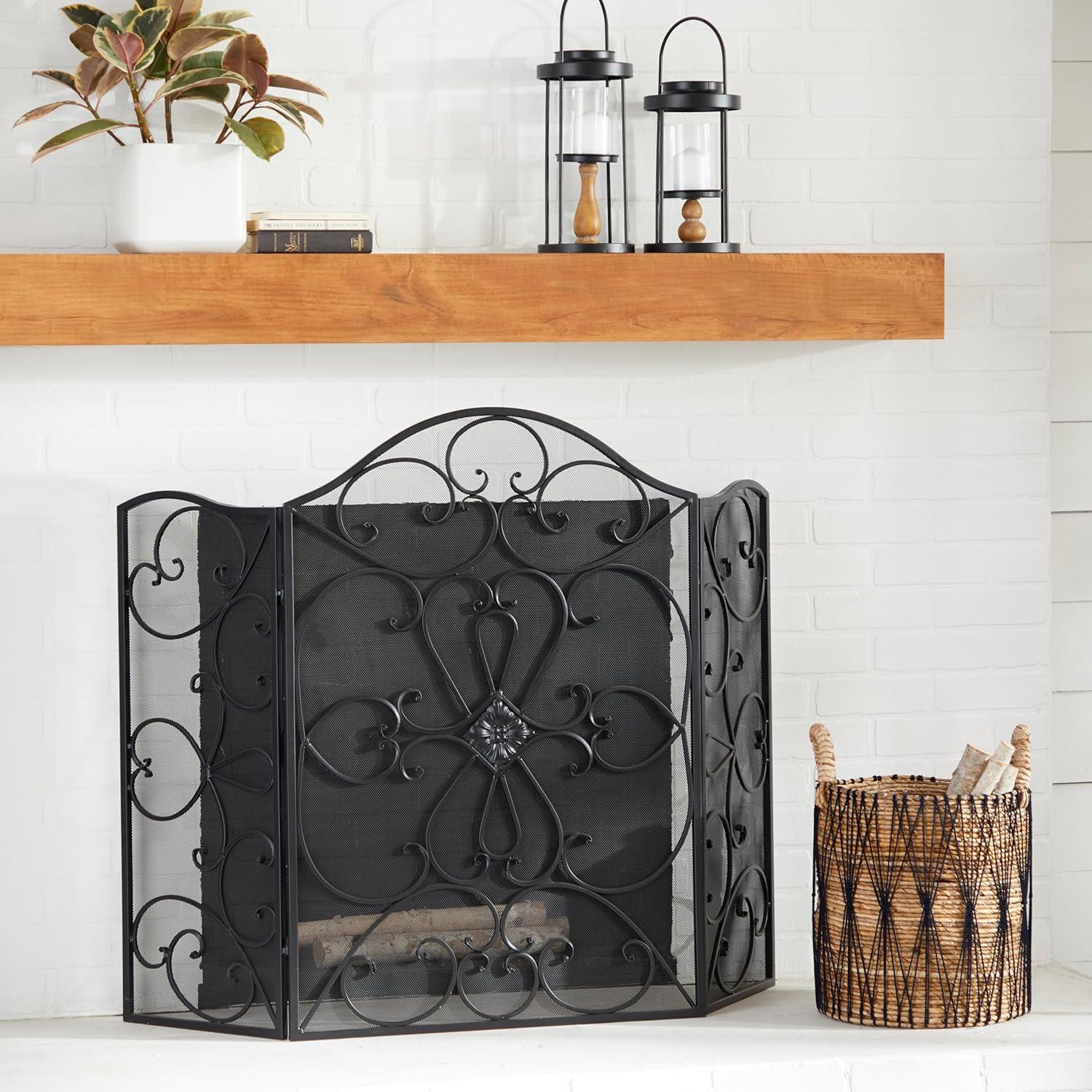 DecMode 49" x 36" Black Metal Foldable 3 Panel Scroll Fireplace Screen with Mesh Netting, 1-Piece