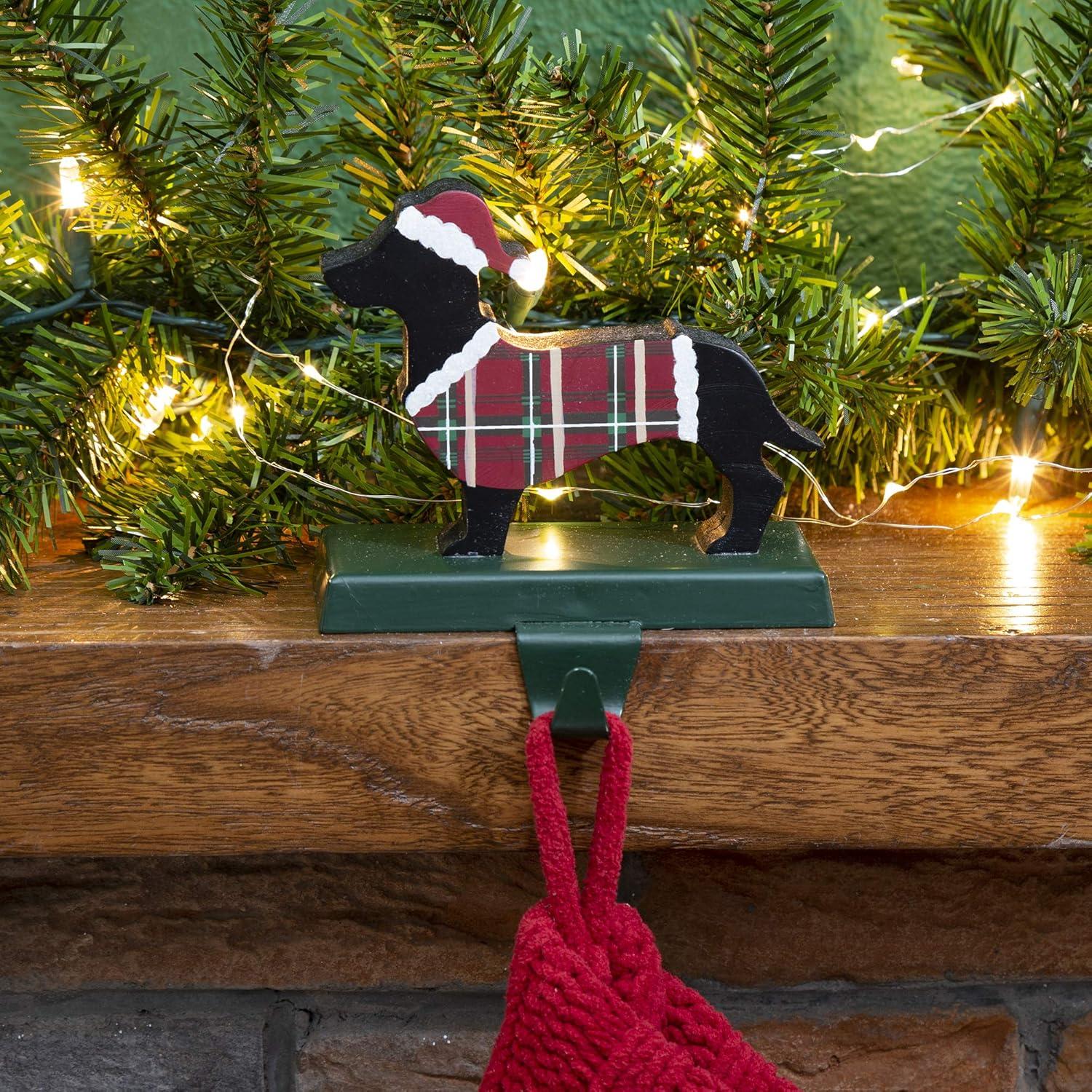 5.75" Green and Red Unique Wooden Dachshund Stocking Holder