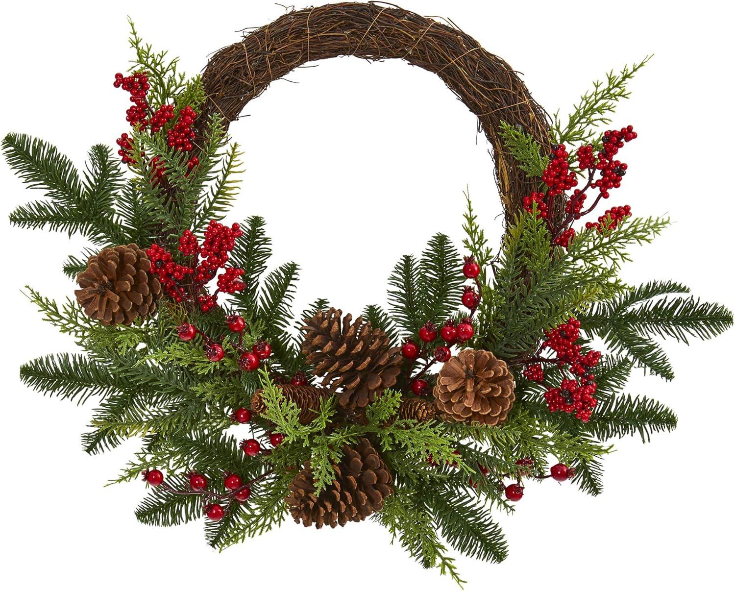 22" Mixed Pine and Cedar Artificial Christmas Wreath with Berries and Pine Cones