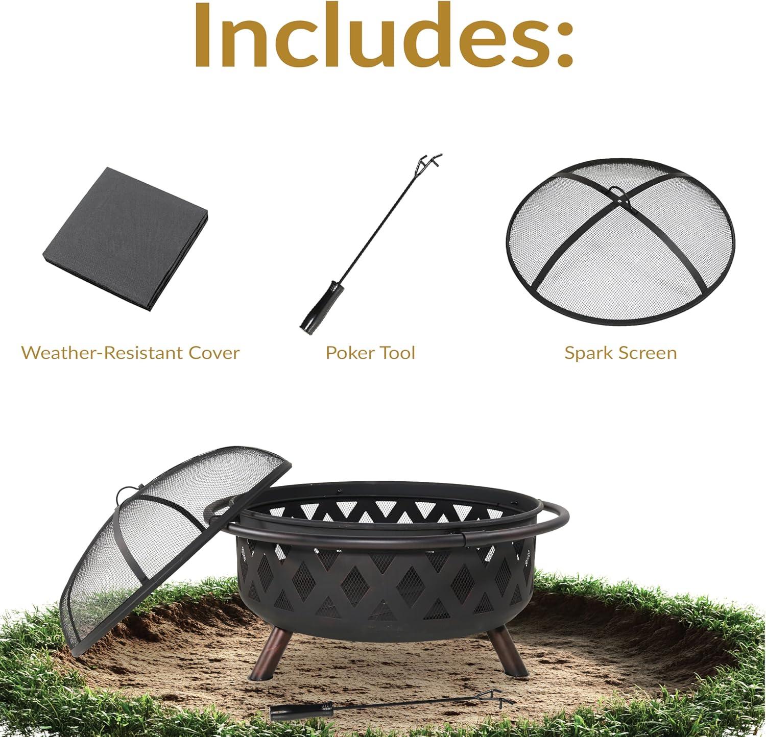 Sunnydaze Outdoor Camping or Backyard Round Crossweave Cut Out Fire Pit with Spark Screen, Log Poker, and Cover - 36"