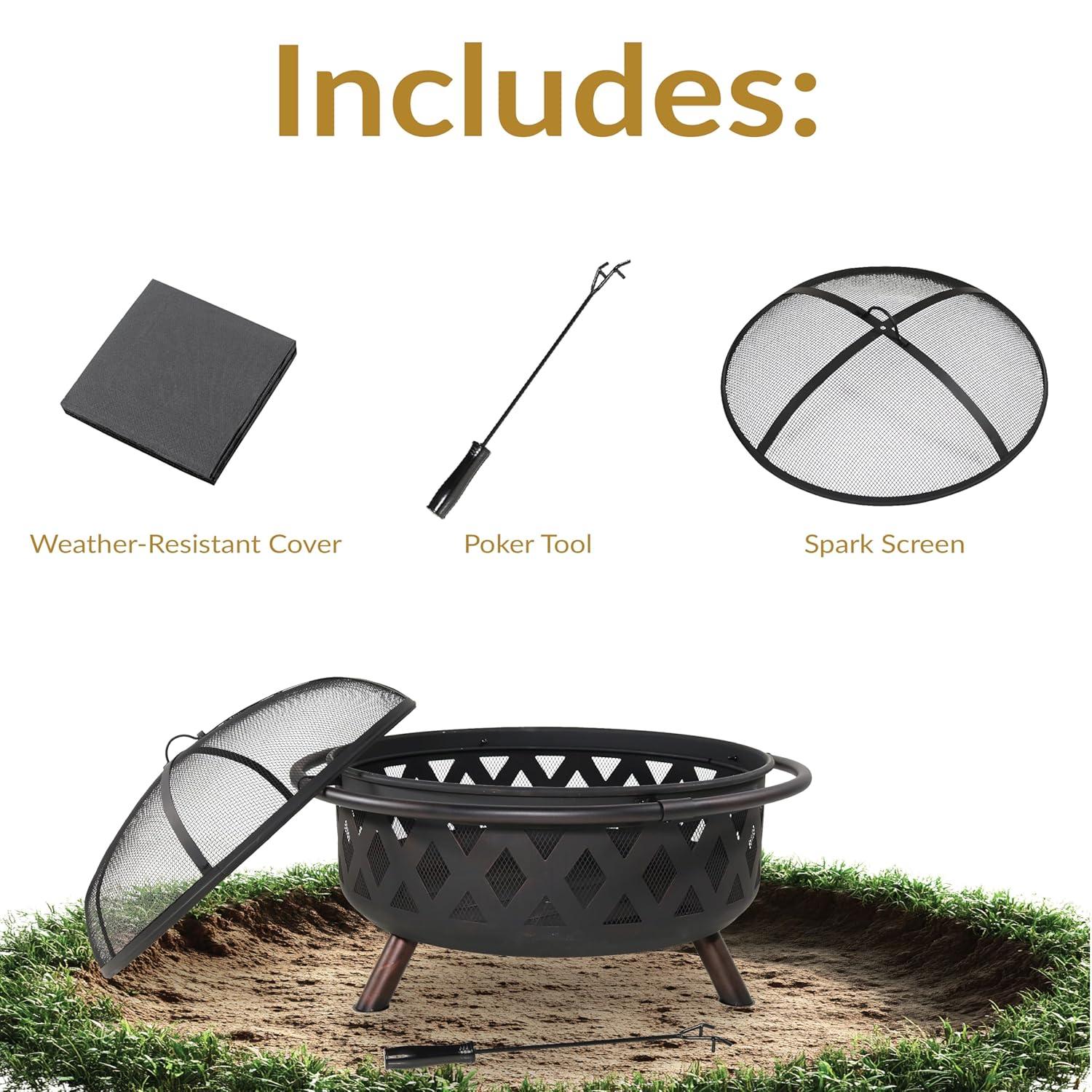 Sunnydaze Outdoor Camping or Backyard Round Crossweave Cut Out Fire Pit with Spark Screen, Log Poker, and Cover - 36"