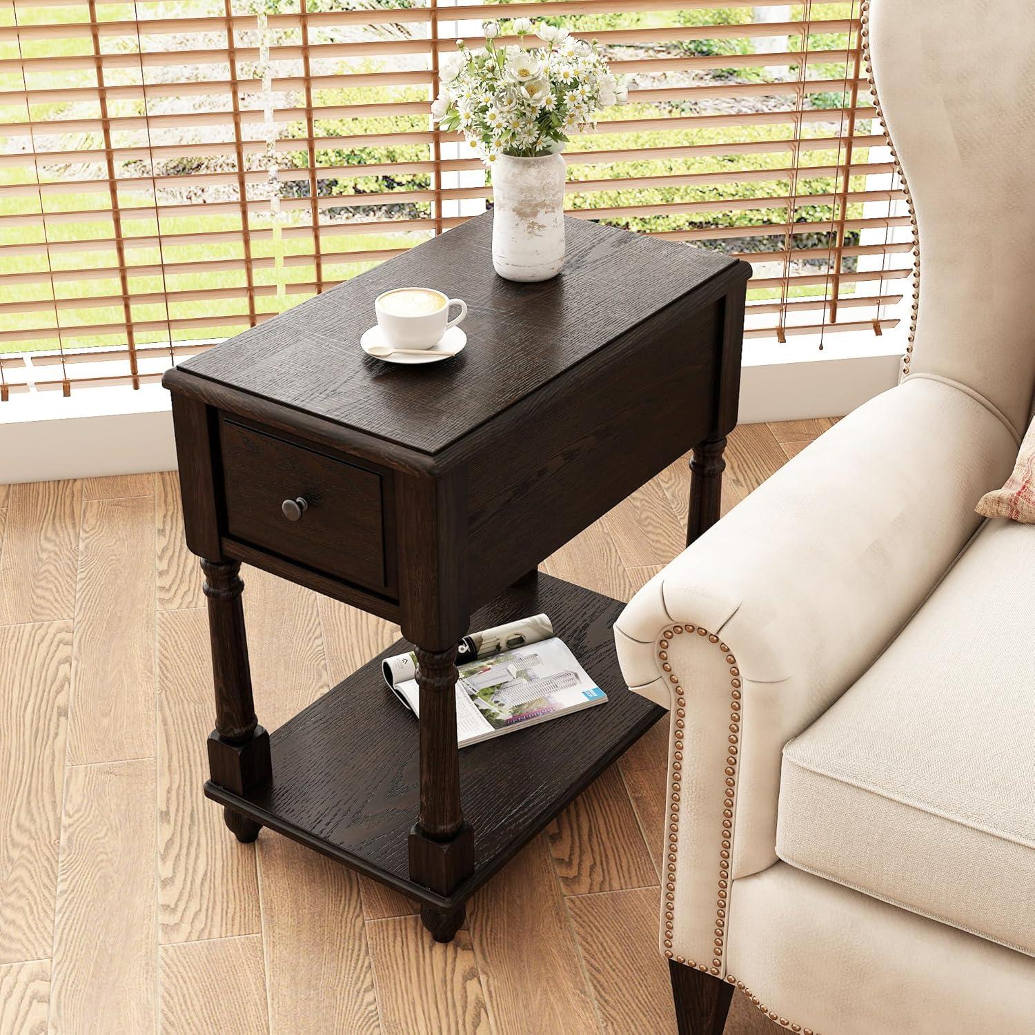 JESONVID Solid Wood Rectangular End Table with Storage, Antique Black