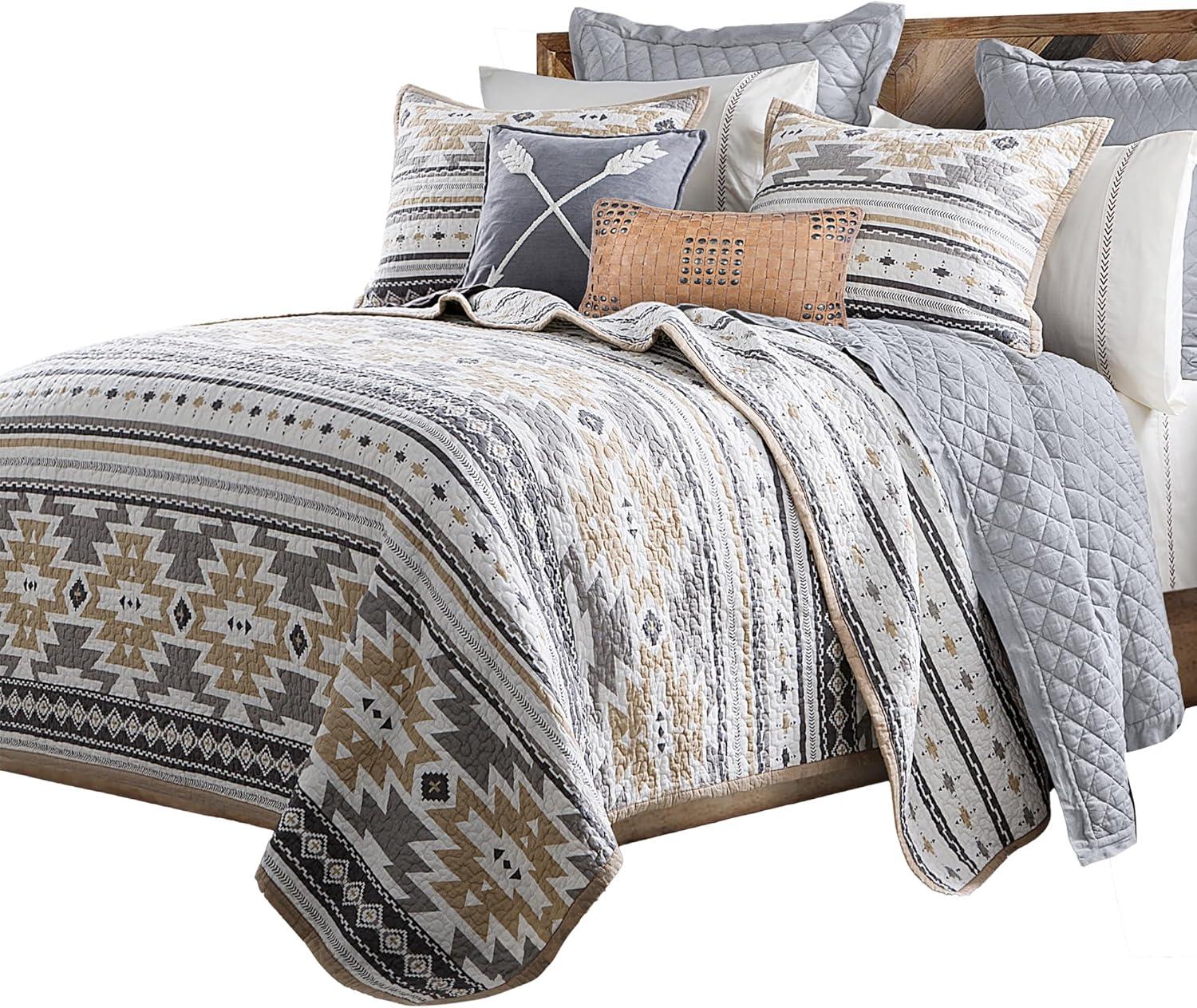 Paseo Road by HiEnd Accents Desert Sage Gray/Tan/White Aztec Print Cotton Southwestern Style Reversible Quilt Set