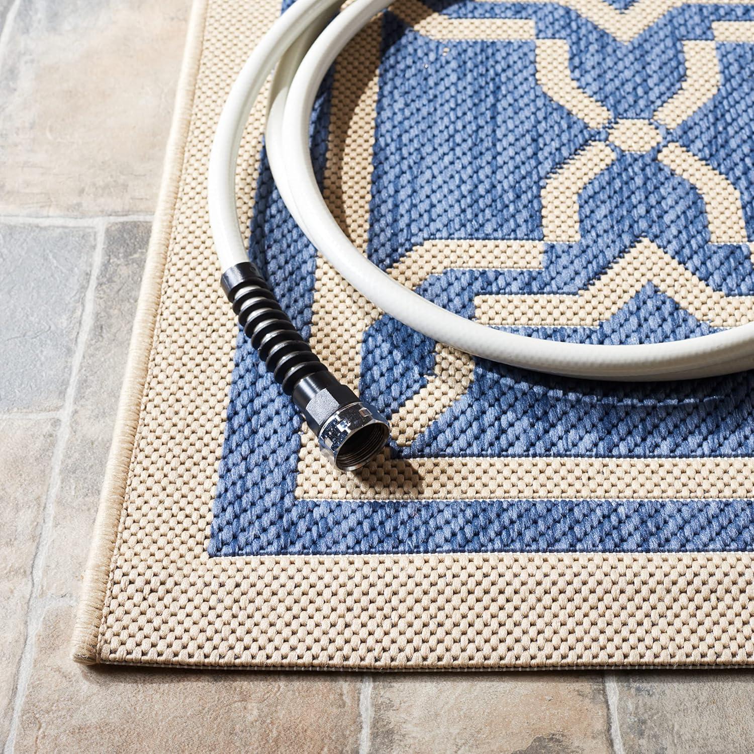 Blue and Beige Geometric 27''x14'' Synthetic Indoor/Outdoor Runner Rug