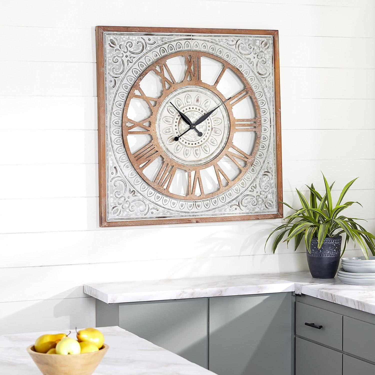 Metal Scroll Wall Clock with Embossed Metal Brown - Olivia & May: Silent, Square, Farmhouse Style