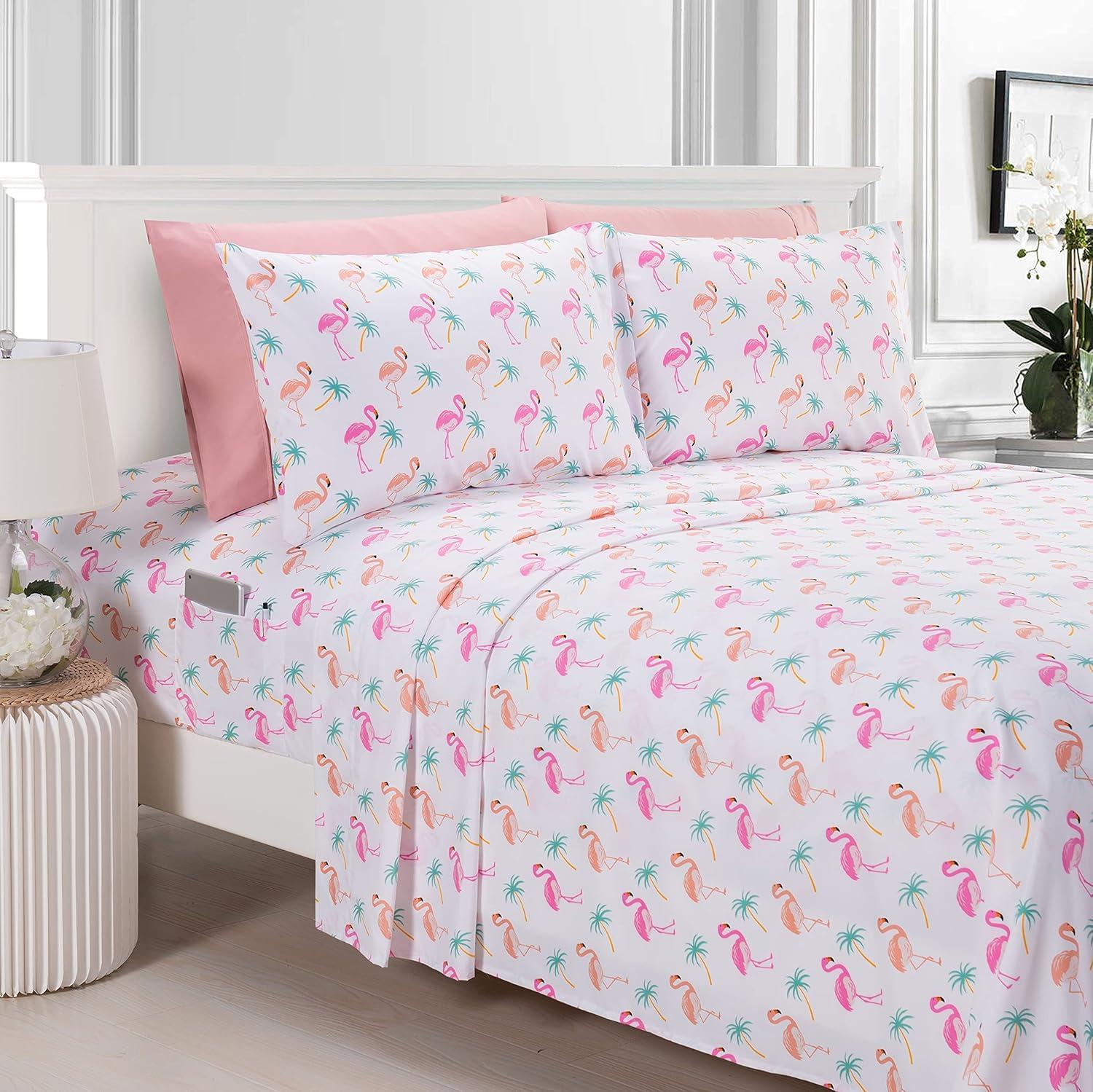 Queen Flamingo Print Microfiber 6-Piece Bedding Set