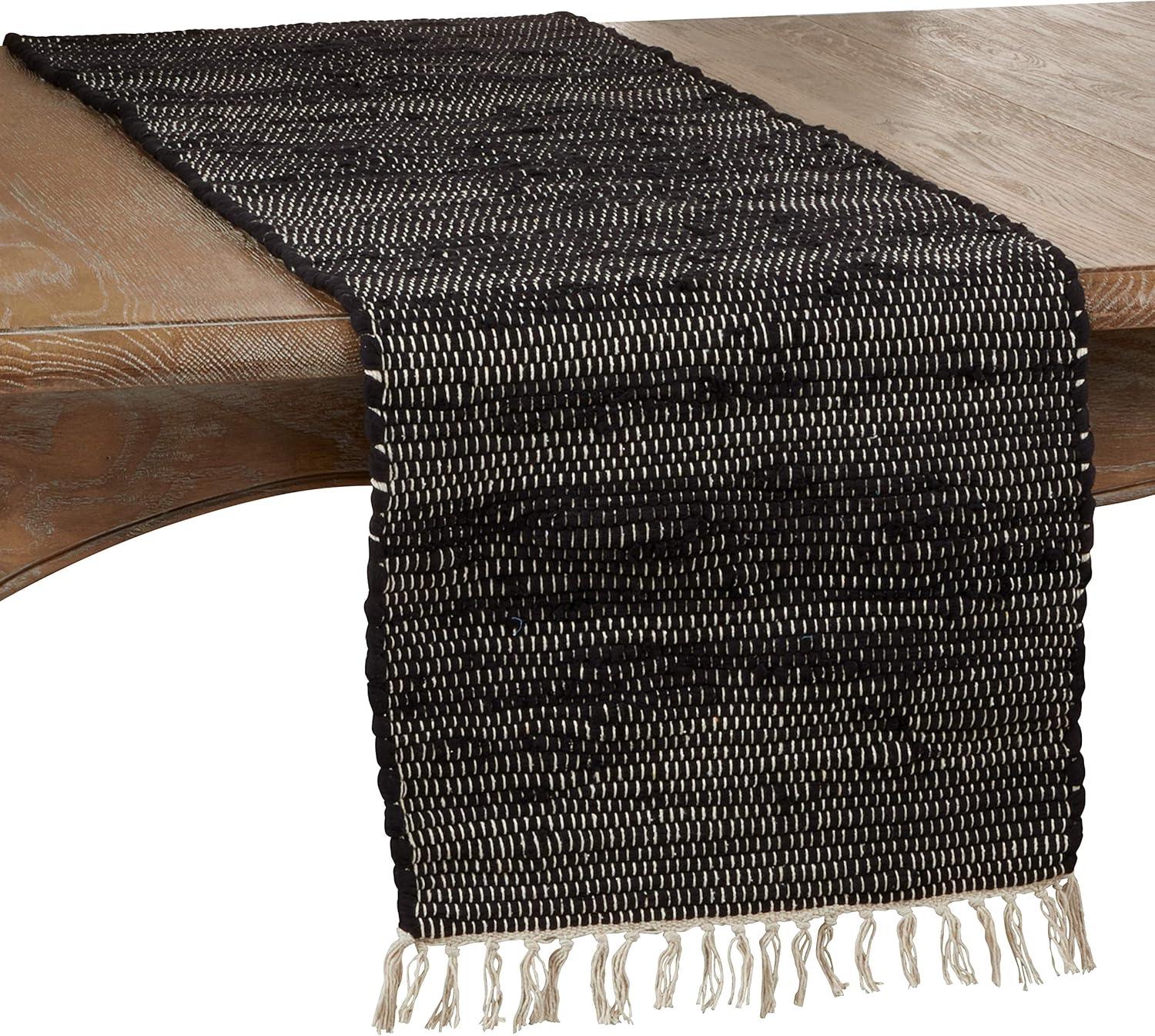 Black Cotton Chindi Table Runner with Tasseled Edges