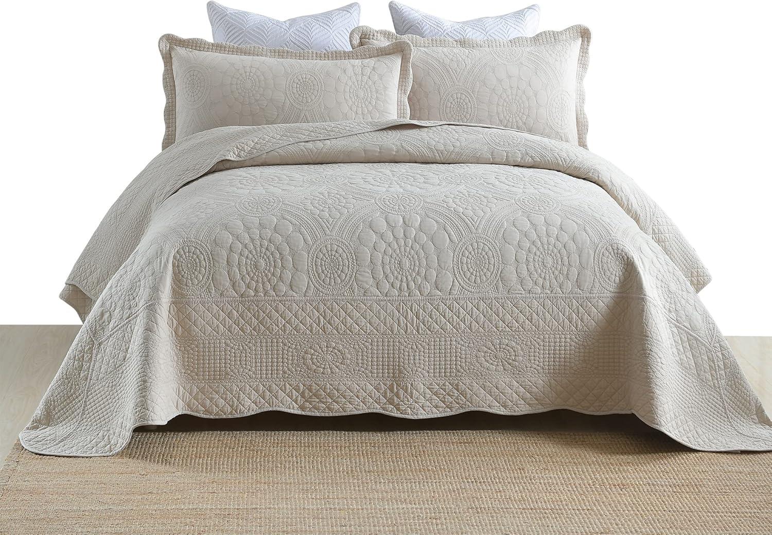 Khaki King Cotton Textured Floral Quilt Bedspread Set