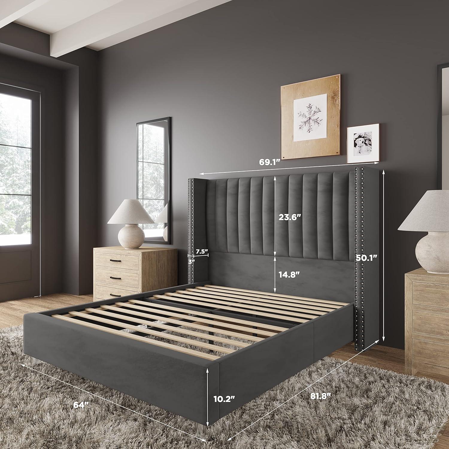 Queen Dark Gray Velvet Upholstered Platform Bed with Nailhead Trim