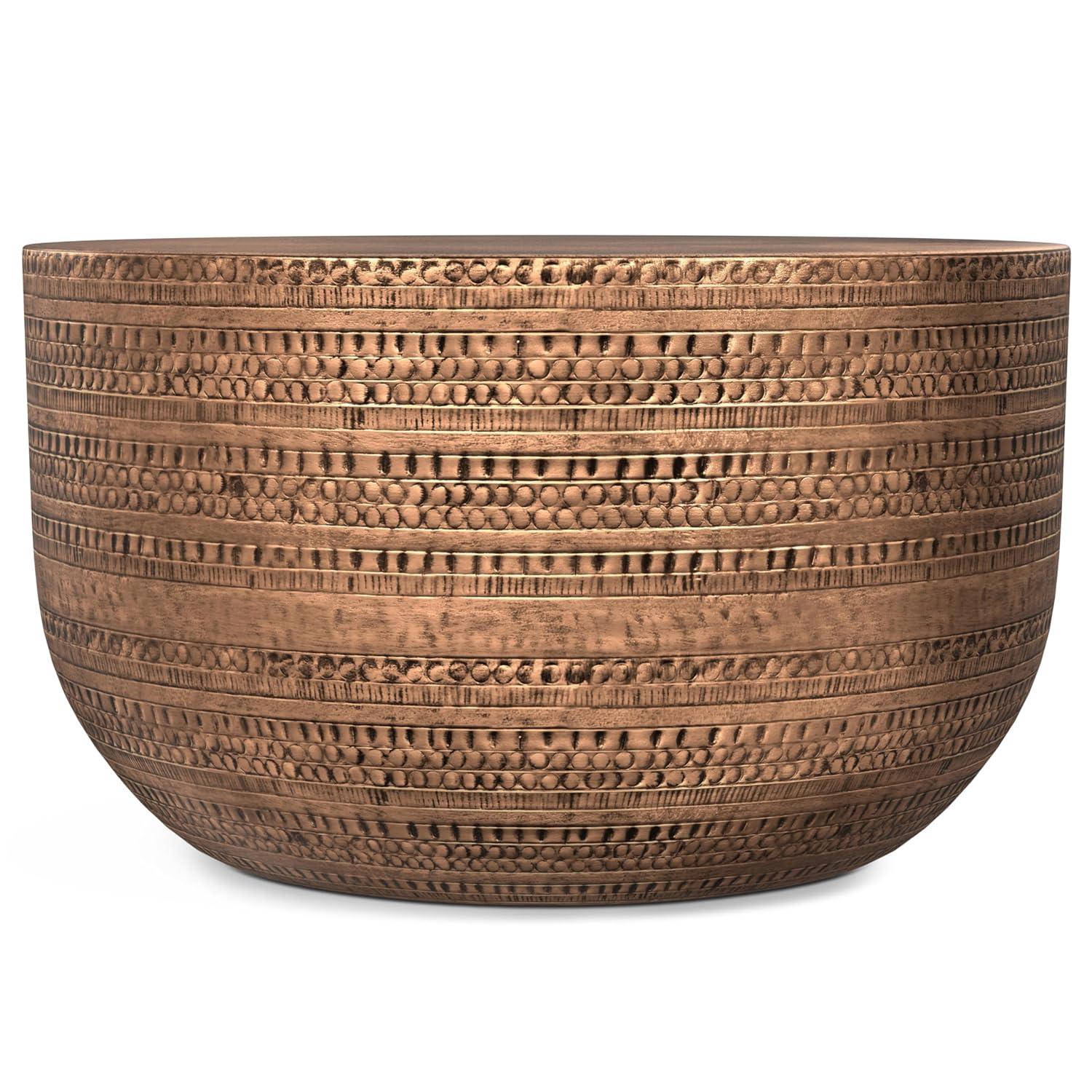 Simpli Home Johnsen 30"W Metal Boho Modern Round Coffee Table with Textured Detail, Assembled